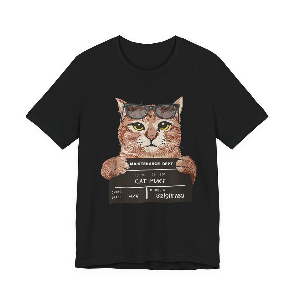Cat Mugshot Tee — "Cat Puke" Funny Cat Arrest Graphic T-Shirt