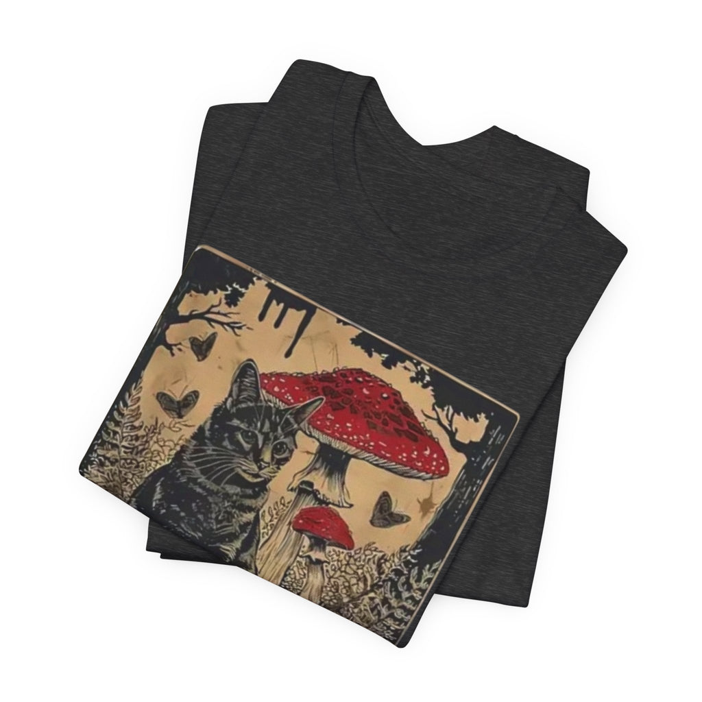 Black Cat with Red Mushrooms T-Shirt | Moody Forest Cat Illustration