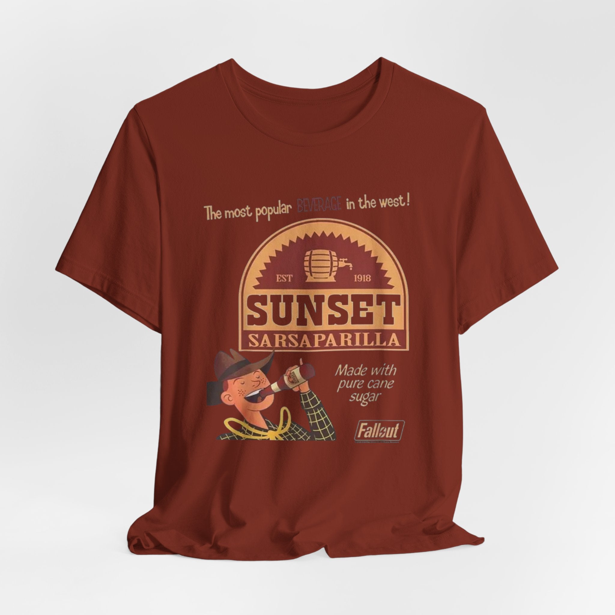 Sunset Sarsaparilla Tee — Retro Fallout Soda Logo T-shirt, Fallout Tee