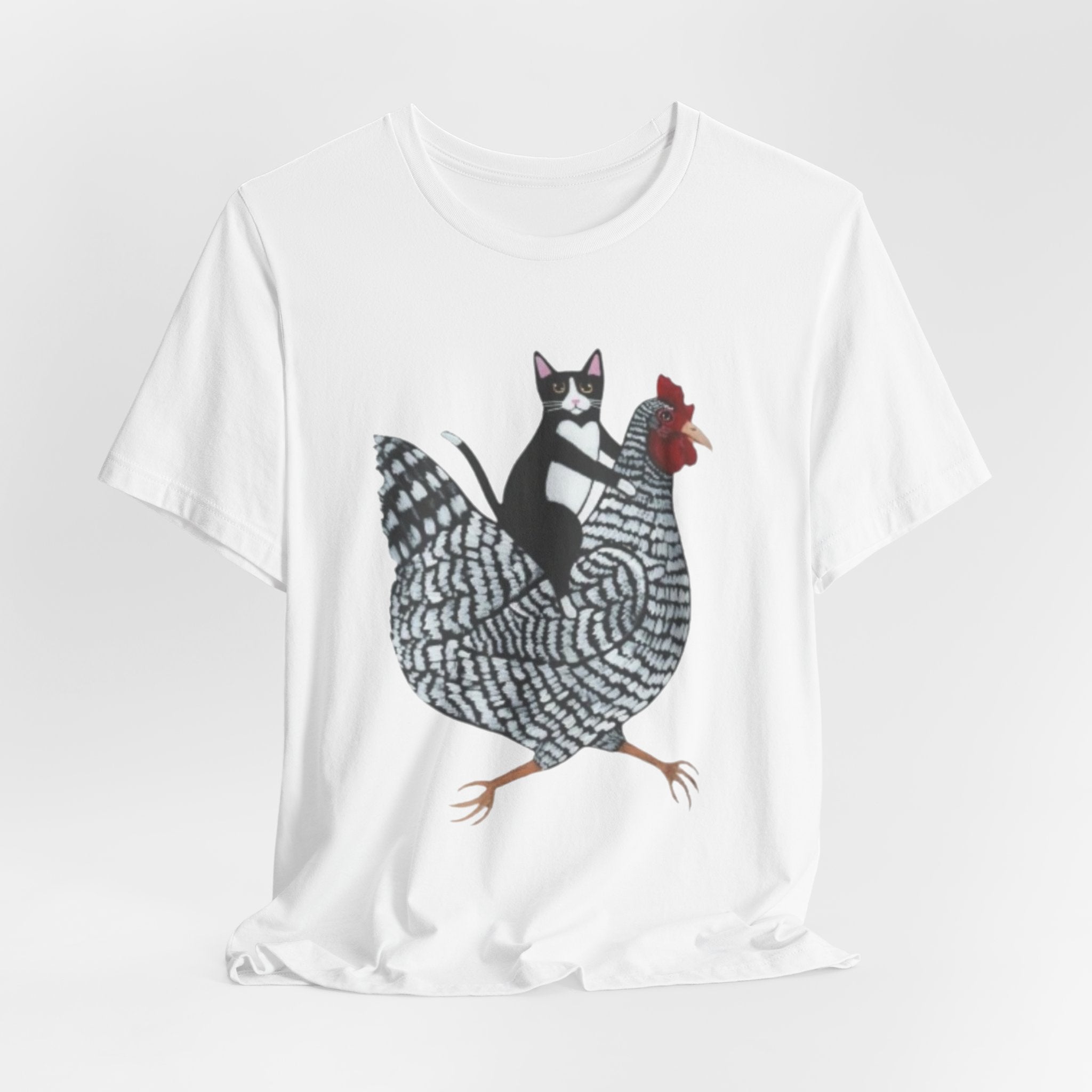 Cat Riding Chicken Graphic Tee — Funny Farm Animal Shirt