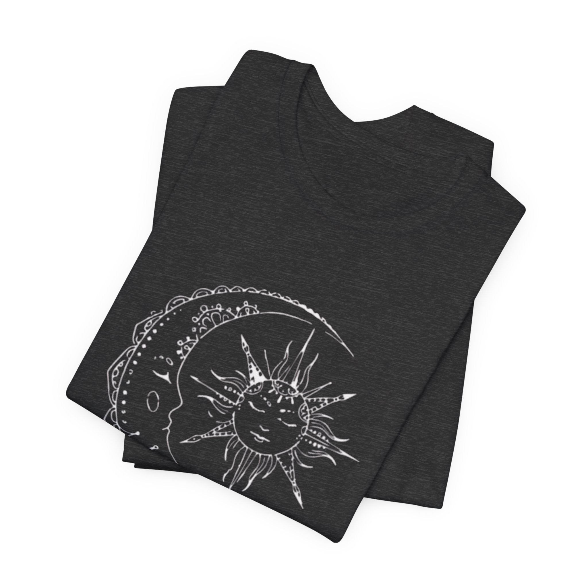 Sun and Crescent Moon Tattoo Style Tee | Celestial Illustration T-Shirt