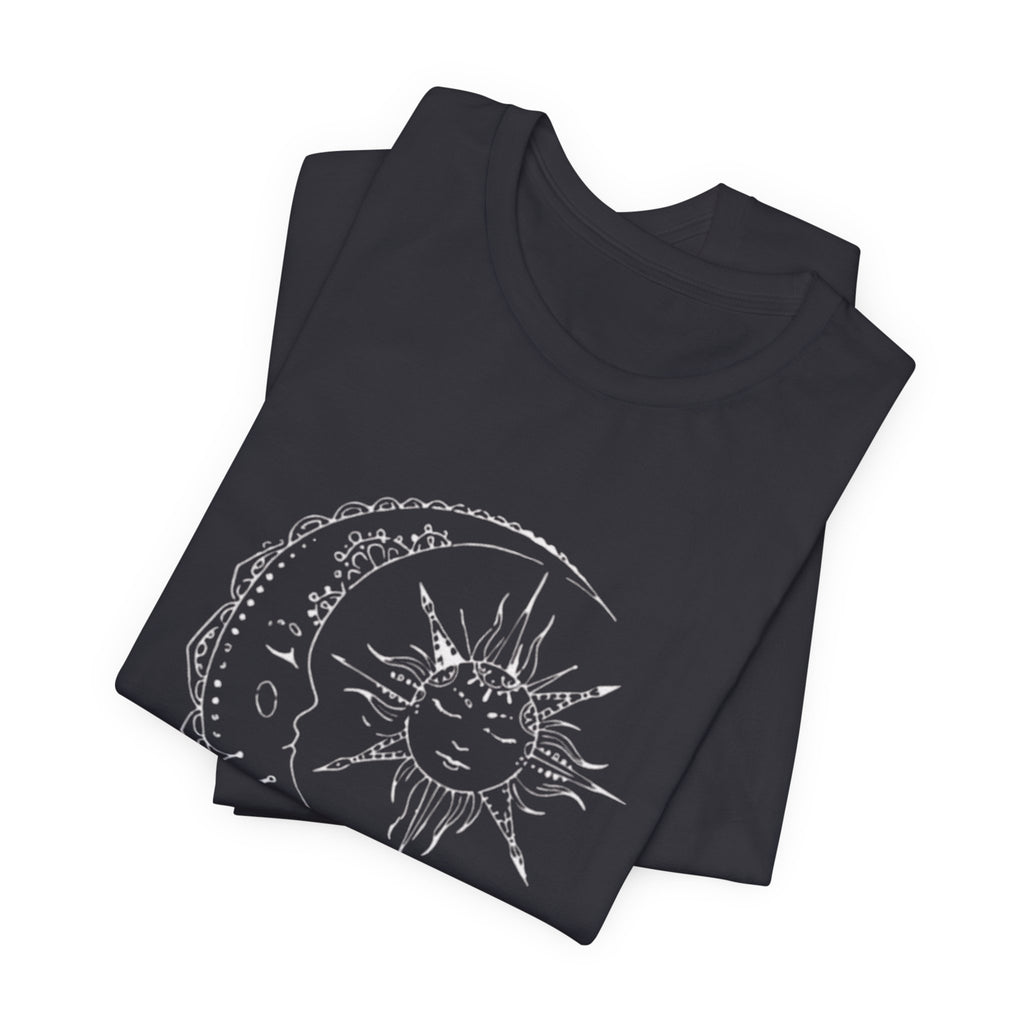Sun and Crescent Moon Tattoo Style Tee | Celestial Illustration T-Shirt