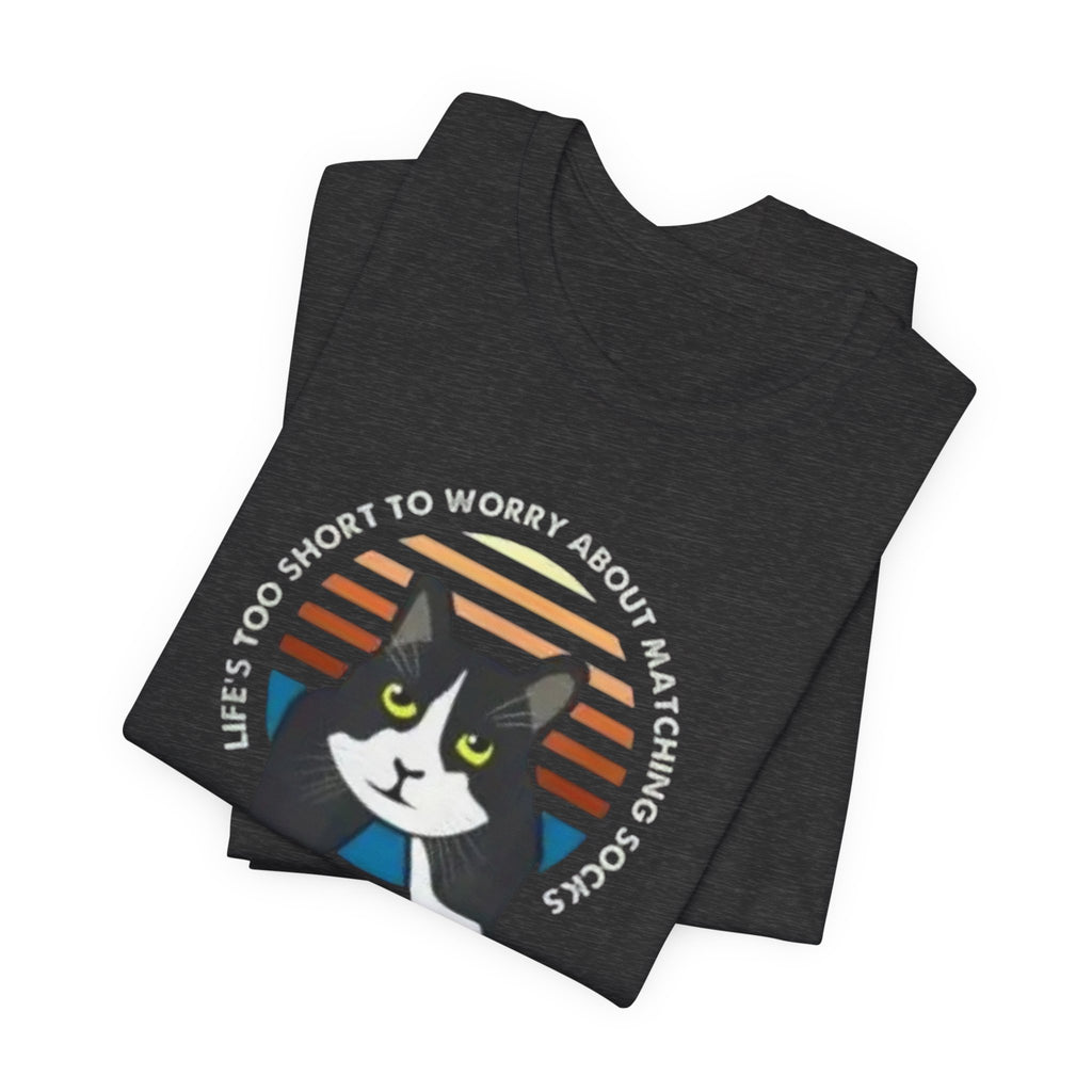 Tuxedo Cat Illustration Tee | Retro Sunset, 'Life's Too Short to Worry About Matching Socks'
