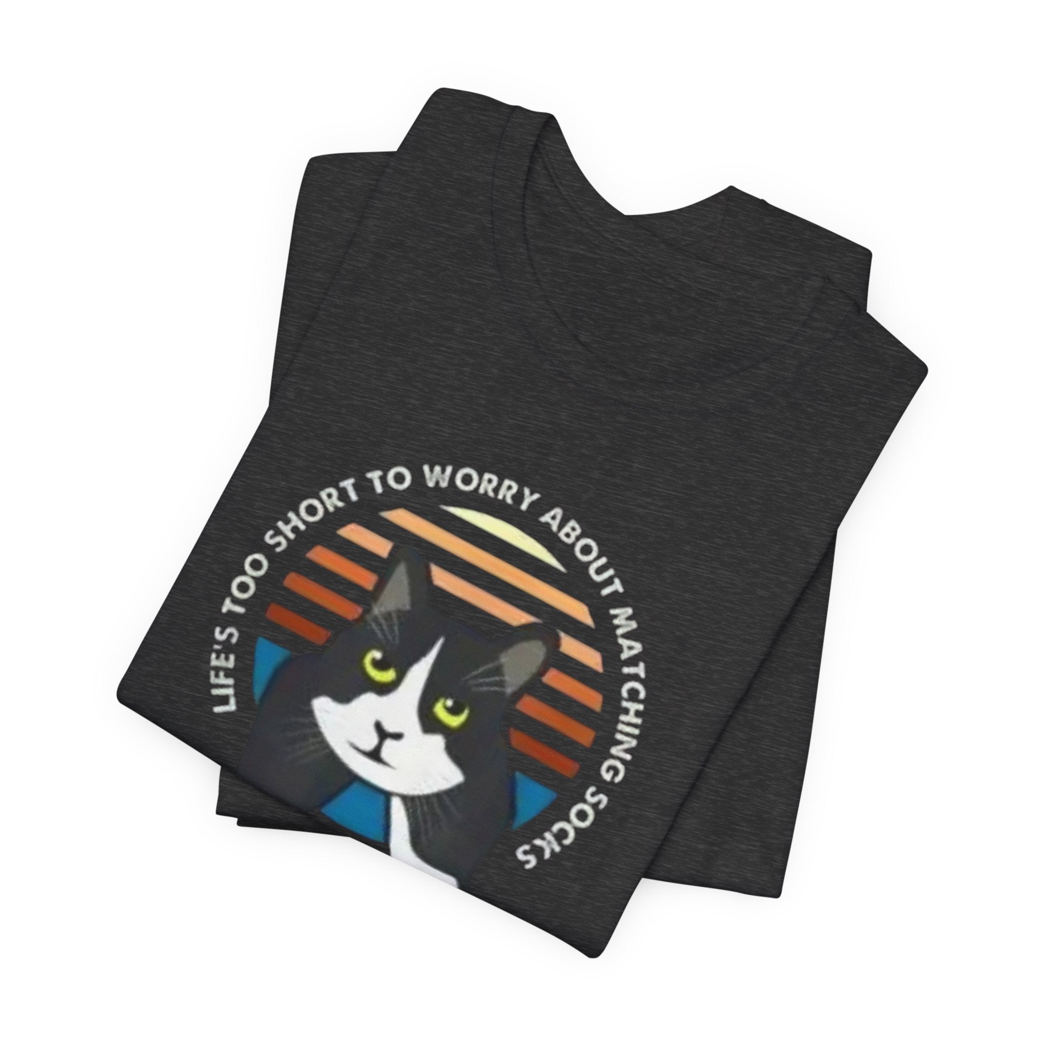 Tuxedo Cat Illustration Tee | Retro Sunset, 'Life's Too Short to Worry About Matching Socks'