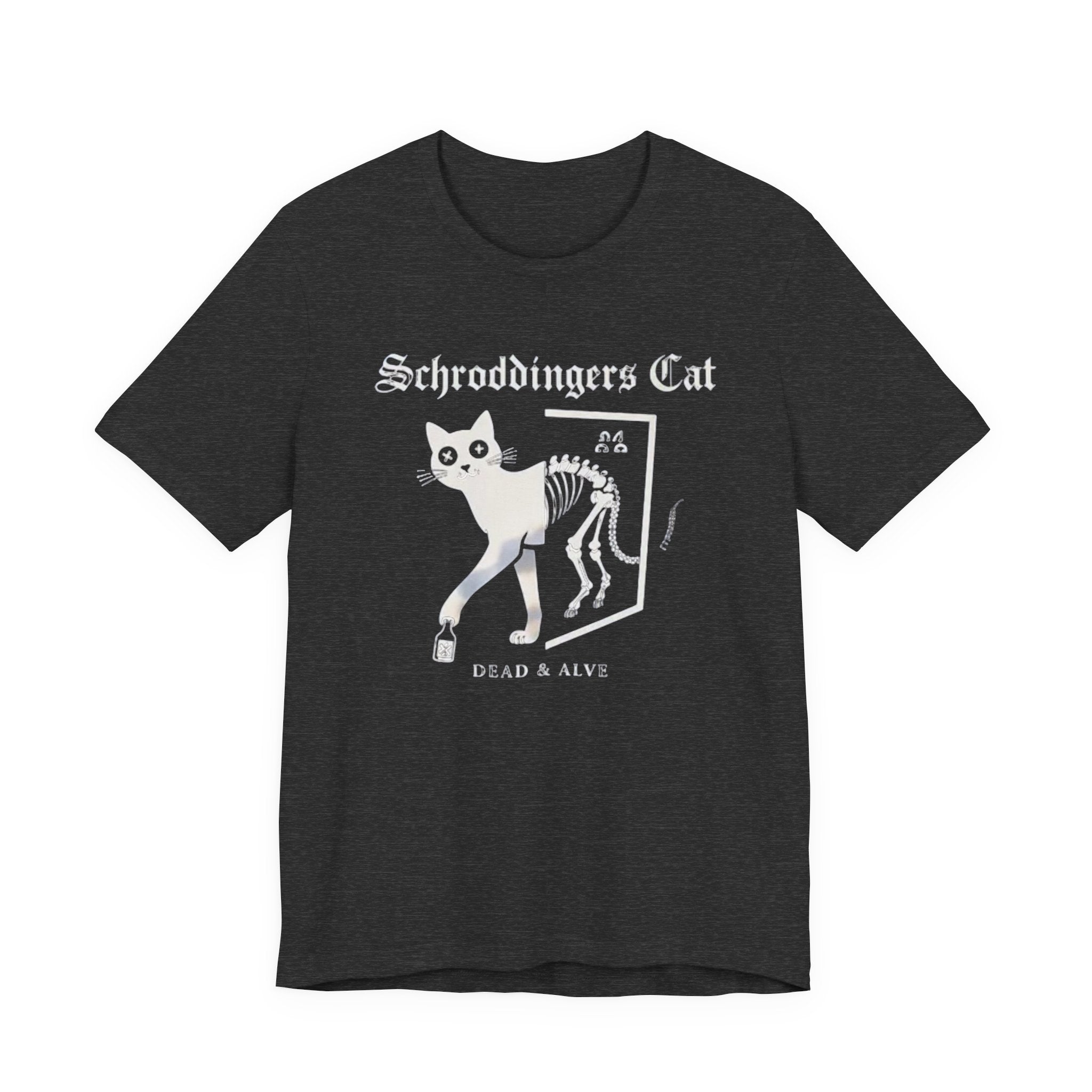 Schrodingers Cat skeleton illustration T-Shirt | Dead & Alive cat science tee