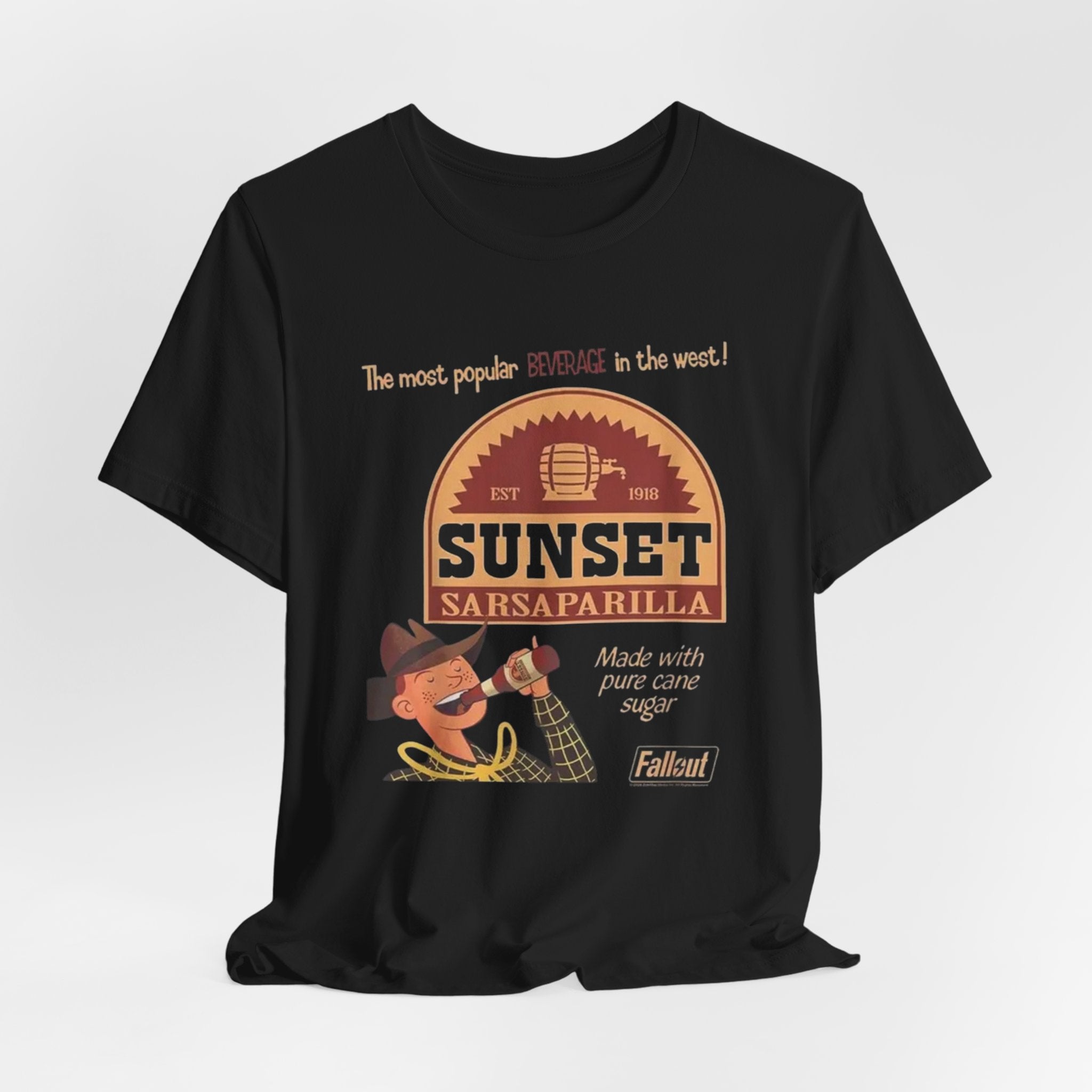 Sunset Sarsaparilla Tee — Retro Fallout Soda Logo T-shirt, Fallout Tee