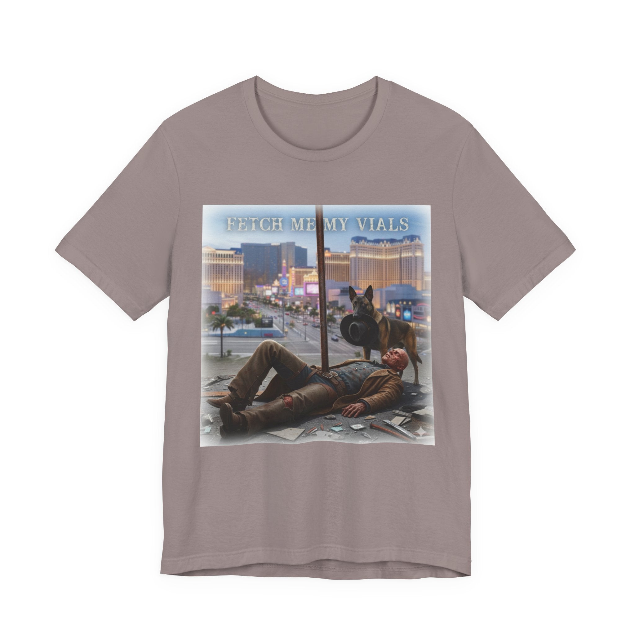 Fetch me my vials, Fallout Tee, Street Scene Graphic Tee — "Fetch Me My Vials" Retro Vegas Art Shirt