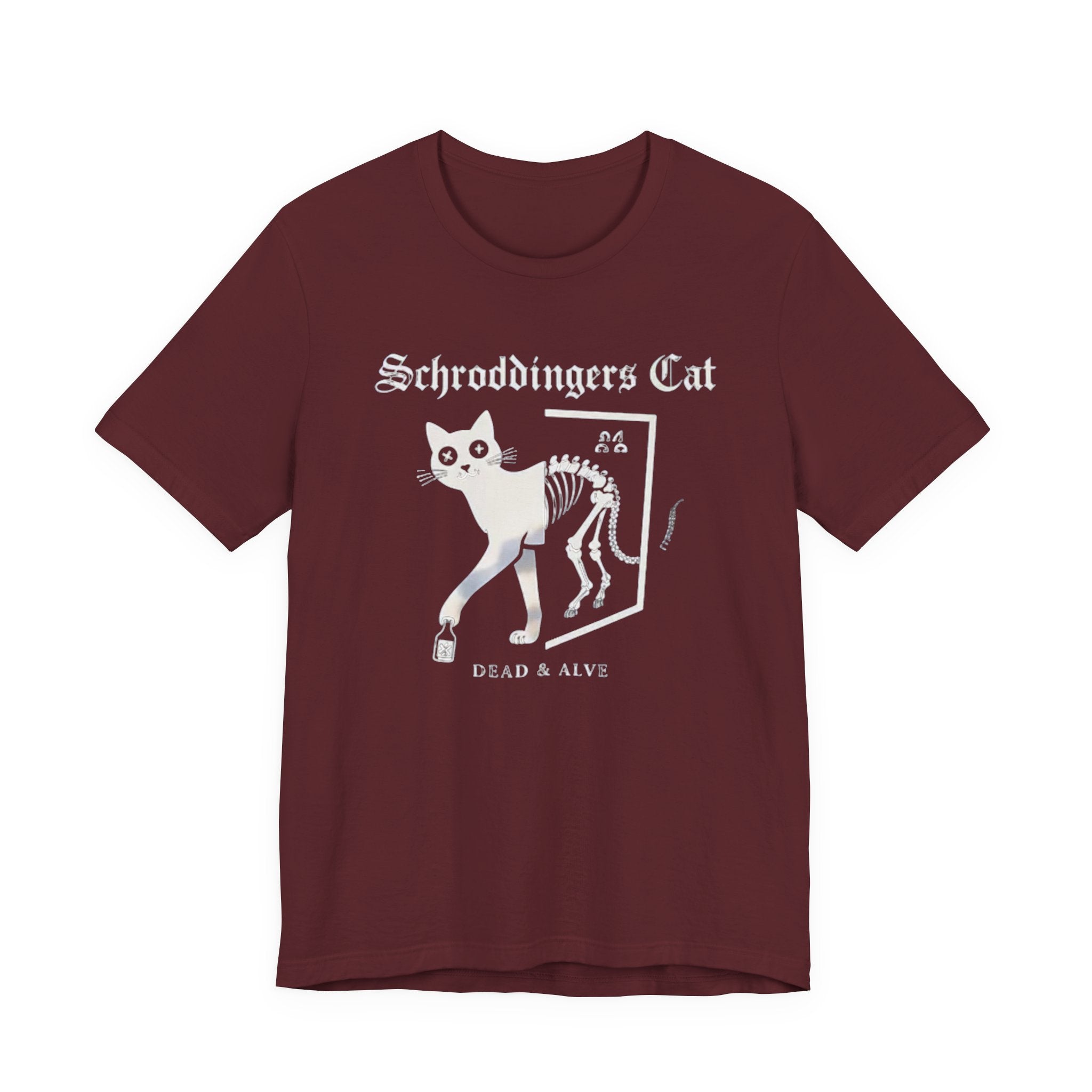 Schrodingers Cat skeleton illustration T-Shirt | Dead & Alive cat science tee