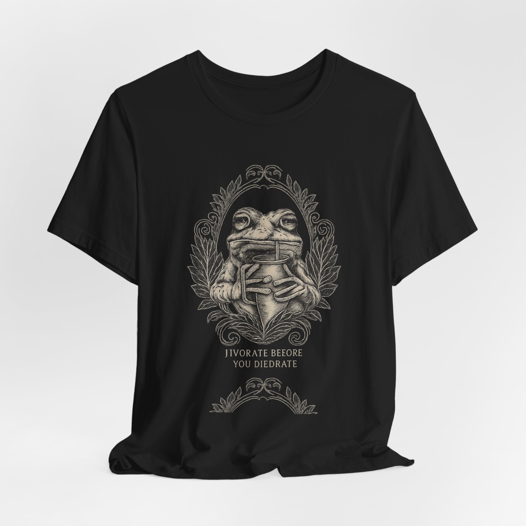 Frog drinkingT‑Shirt — Hydrate Before You DiedrateVintage Booklover Graphic Tee (“To Be at Peace You Deliberate”)