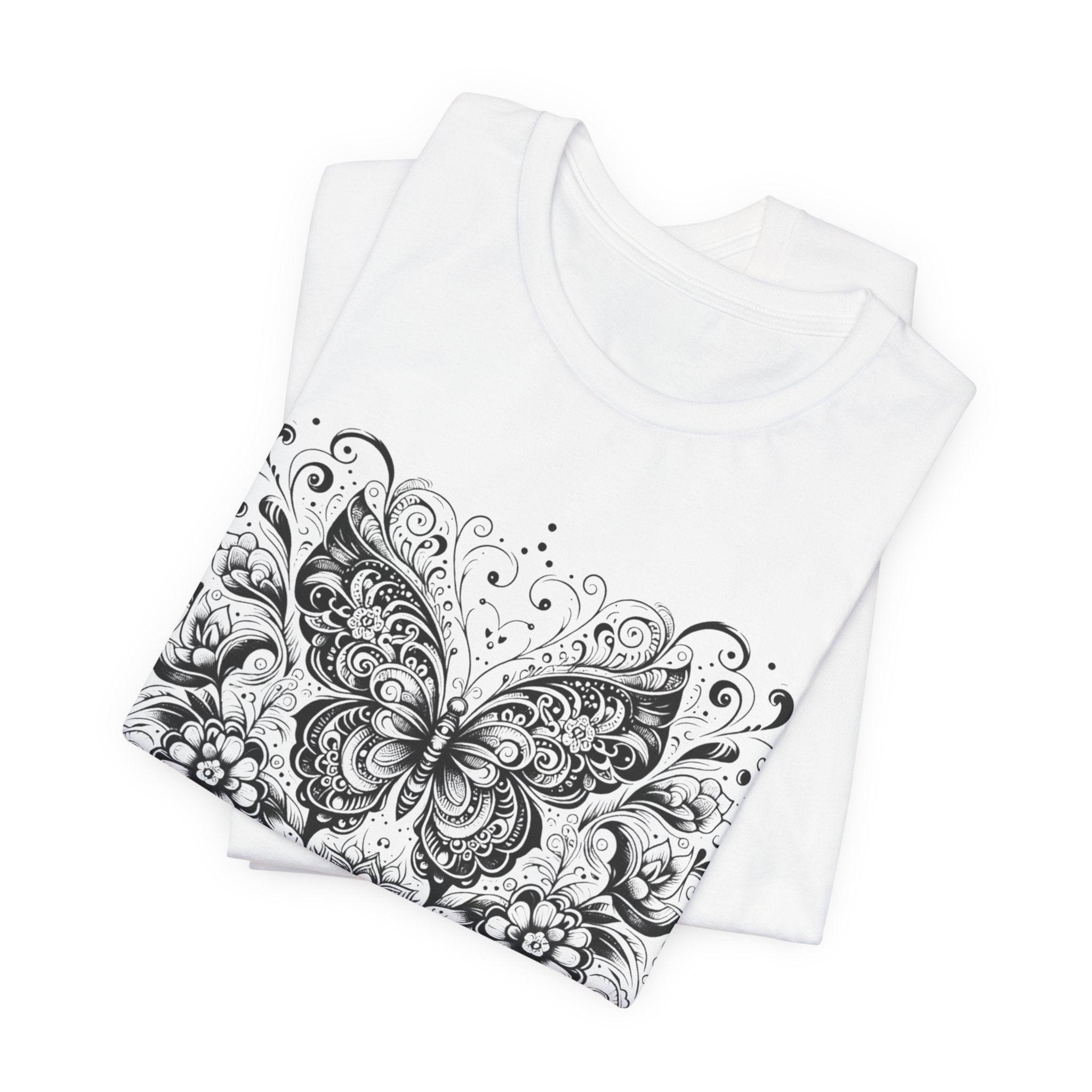 Ornate Butterfly Floral Tee | Detailed Black Line Art Butterfly T-Shirt