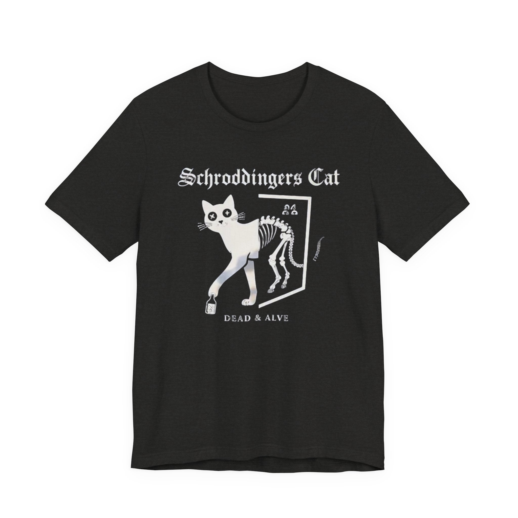 Schrodingers Cat skeleton illustration T-Shirt | Dead & Alive cat science tee