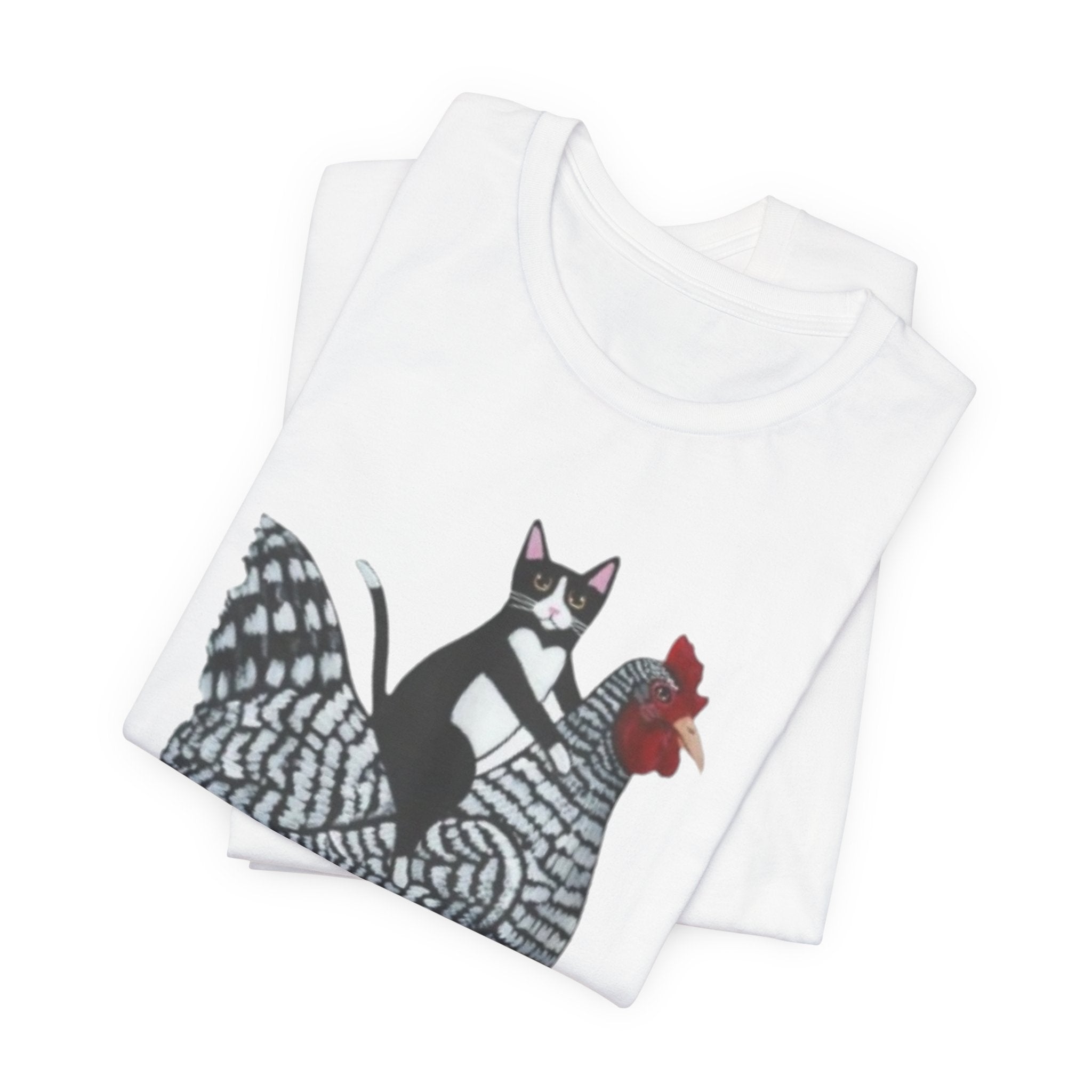 Cat Riding Chicken Graphic Tee — Funny Farm Animal Shirt