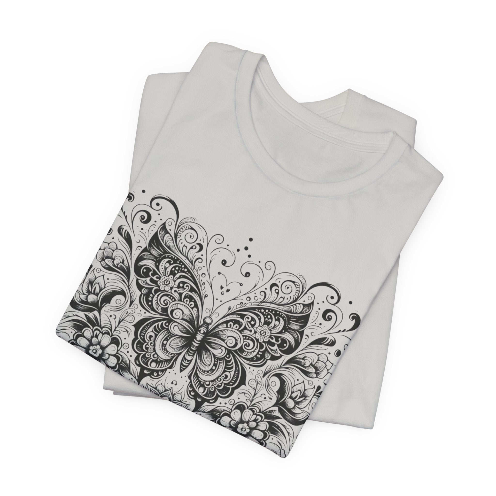 Ornate Butterfly Floral Tee | Detailed Black Line Art Butterfly T-Shirt
