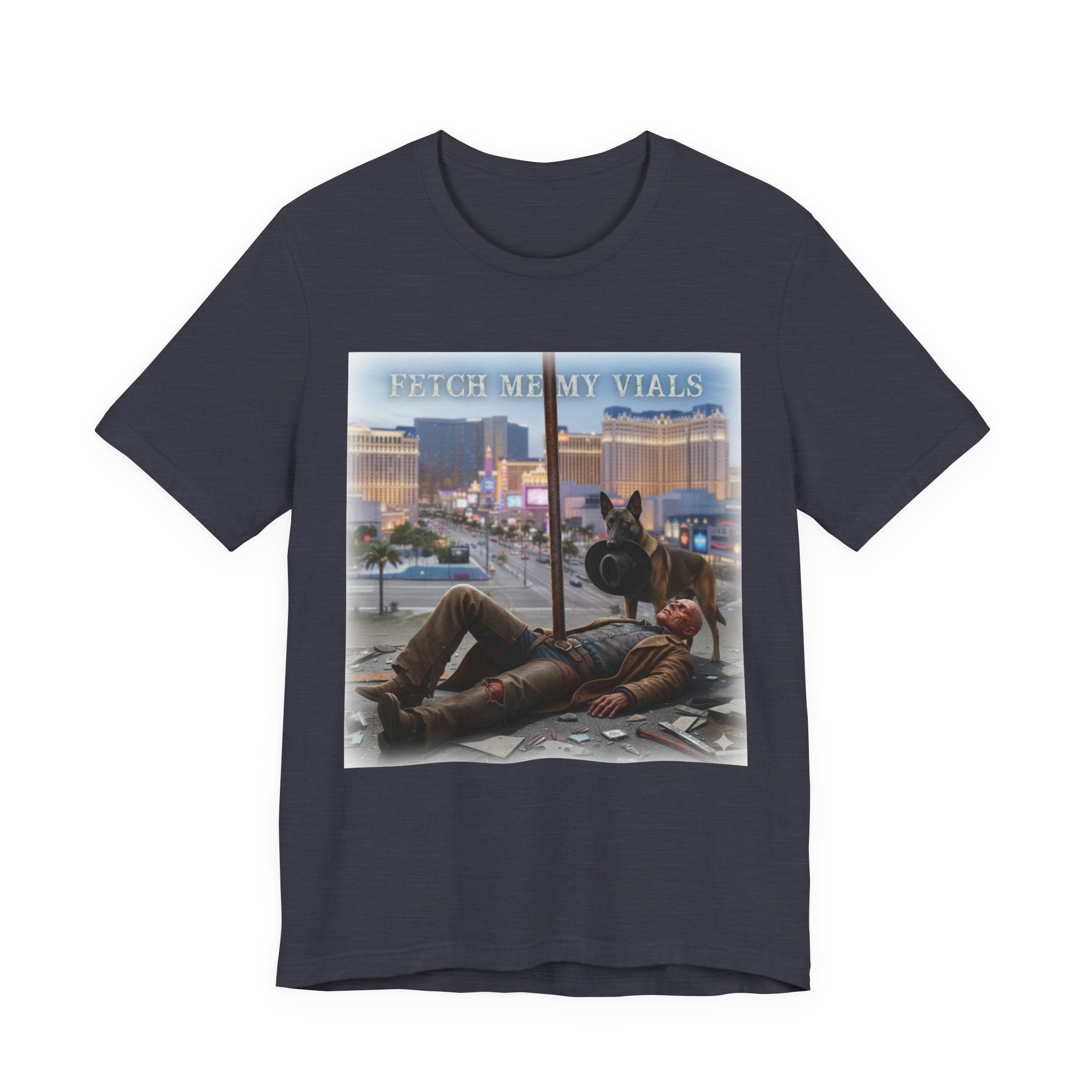 Fetch me my vials, Fallout Tee, Street Scene Graphic Tee — "Fetch Me My Vials" Retro Vegas Art Shirt