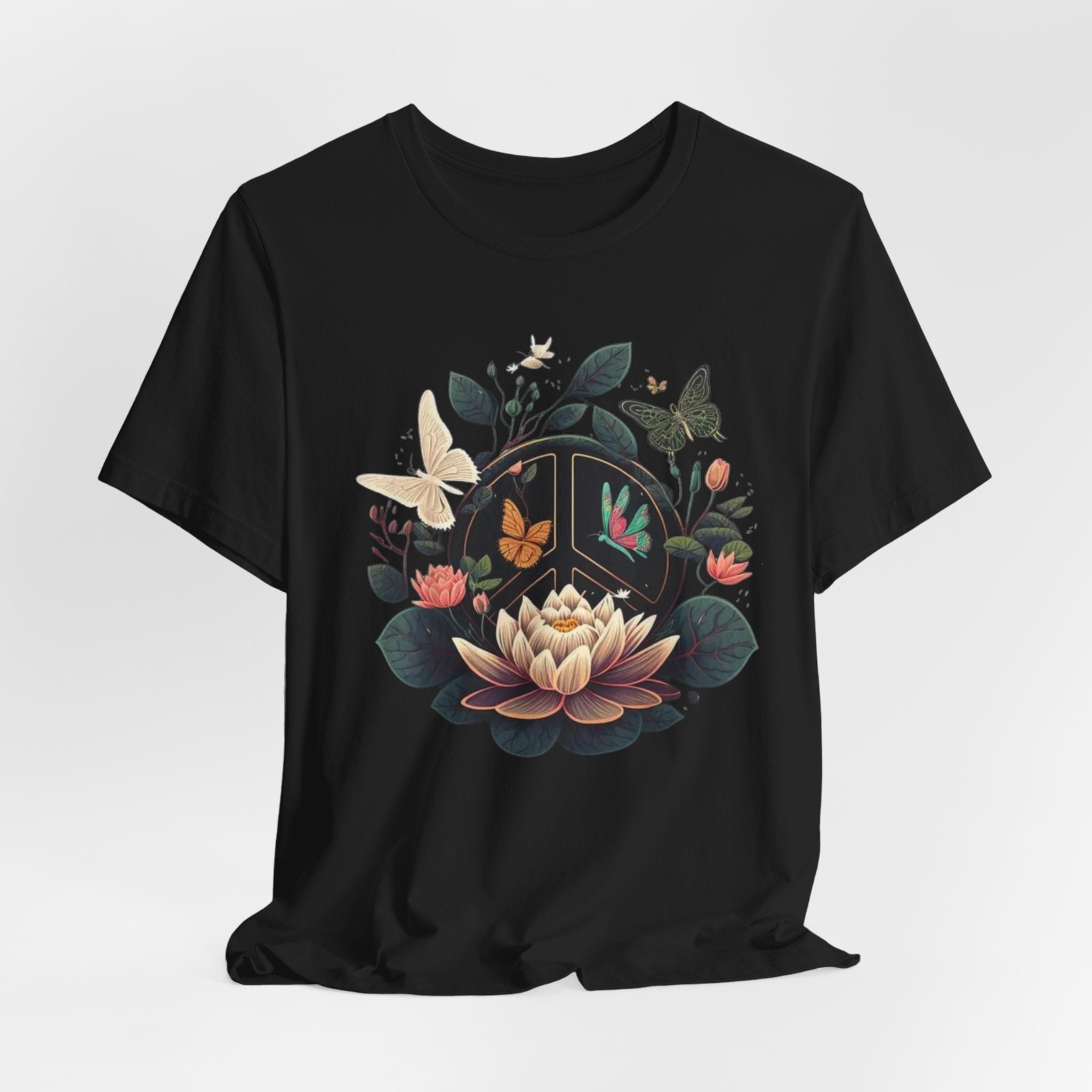 Lotus Bloom and Butterflies Tee | Floral Peace Symbol T-Shirt
