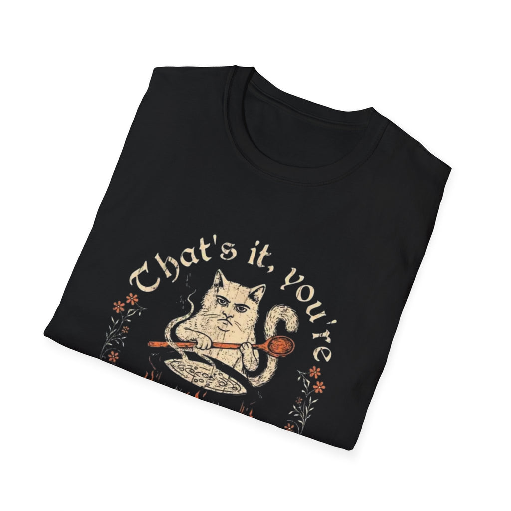 Cat Cauldron T-Shirt — "That’s it, you’re going in the soup" Vintage Witchy Graphic Tee
