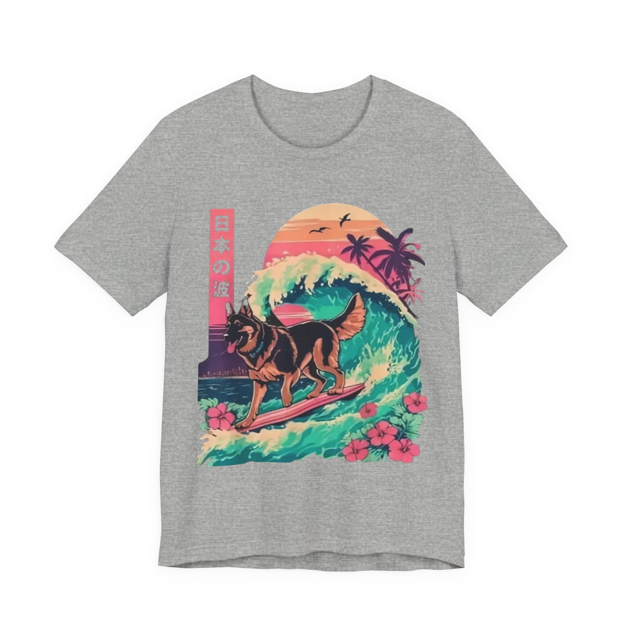 German Shepherd Dog  Surfing T-Shirt — Retro Japanese Wave Graphic Tee