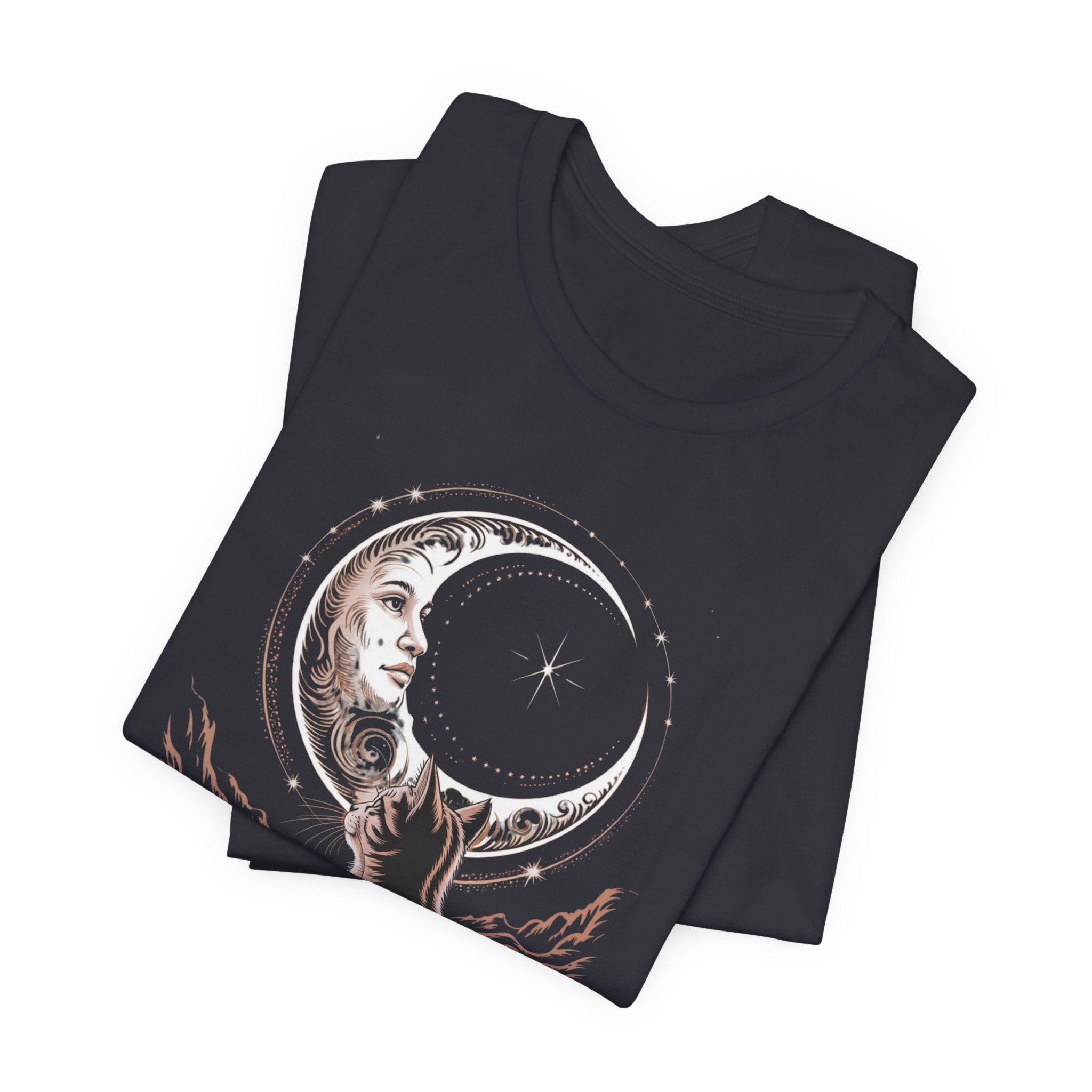 Celestial Cat Graphic Tee - Boho T-Shirt, Unisex Cat Lover Shirt, Moon Phase Top, Gift for Pet Owners, Astrology Apparel