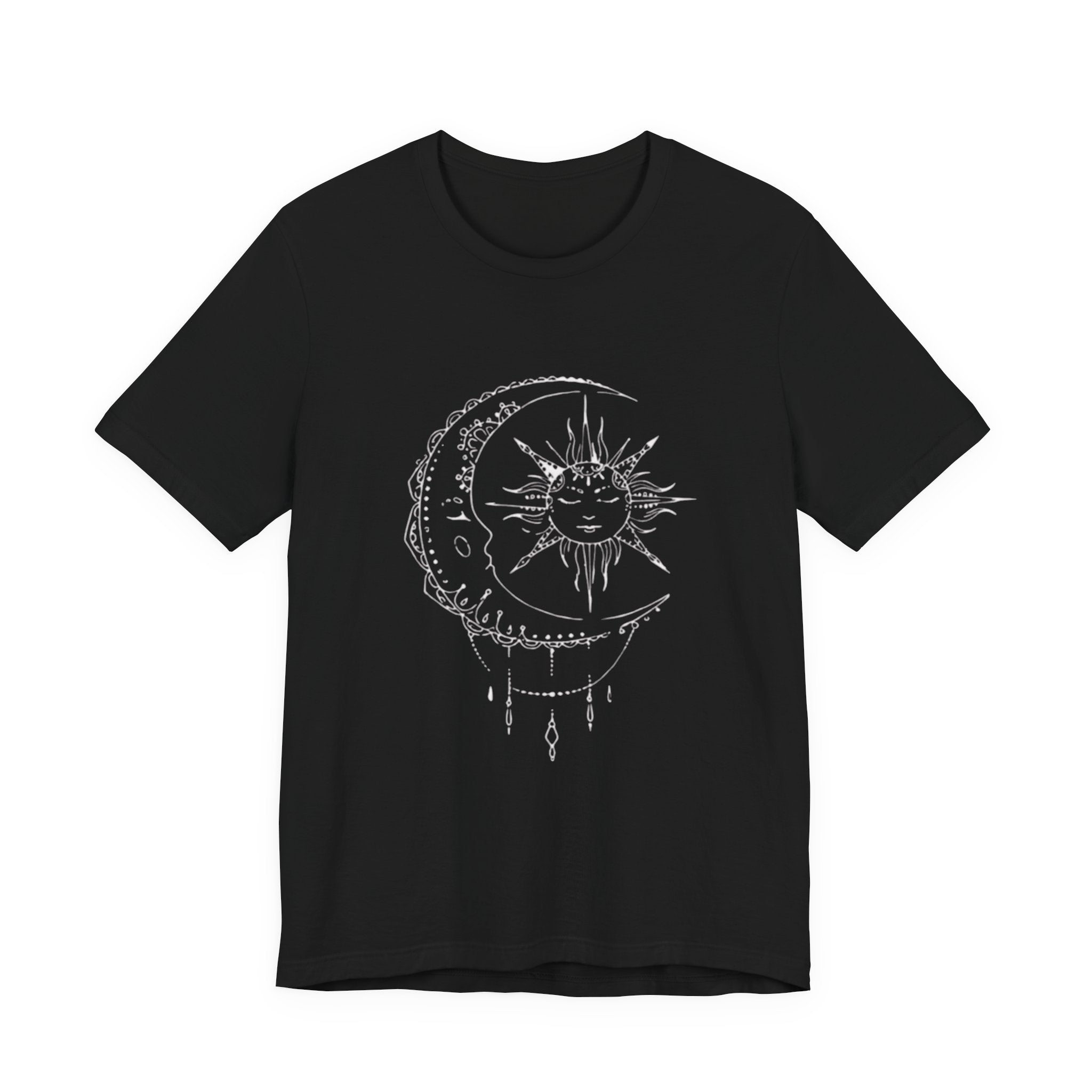 Sun and Crescent Moon Tattoo Style Tee | Celestial Illustration T-Shirt