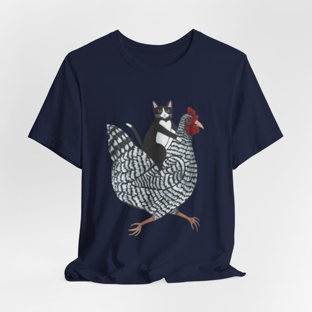Cat Riding Chicken Graphic Tee — Funny Farm Animal Shirt