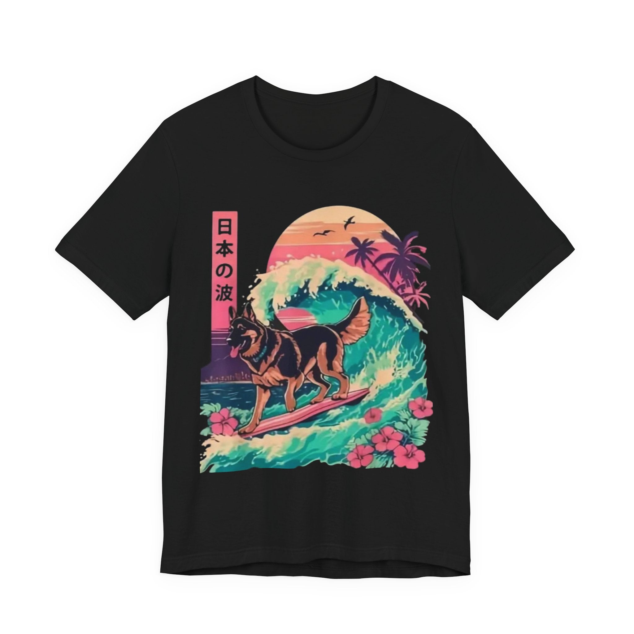 German Shepherd Dog  Surfing T-Shirt — Retro Japanese Wave Graphic Tee