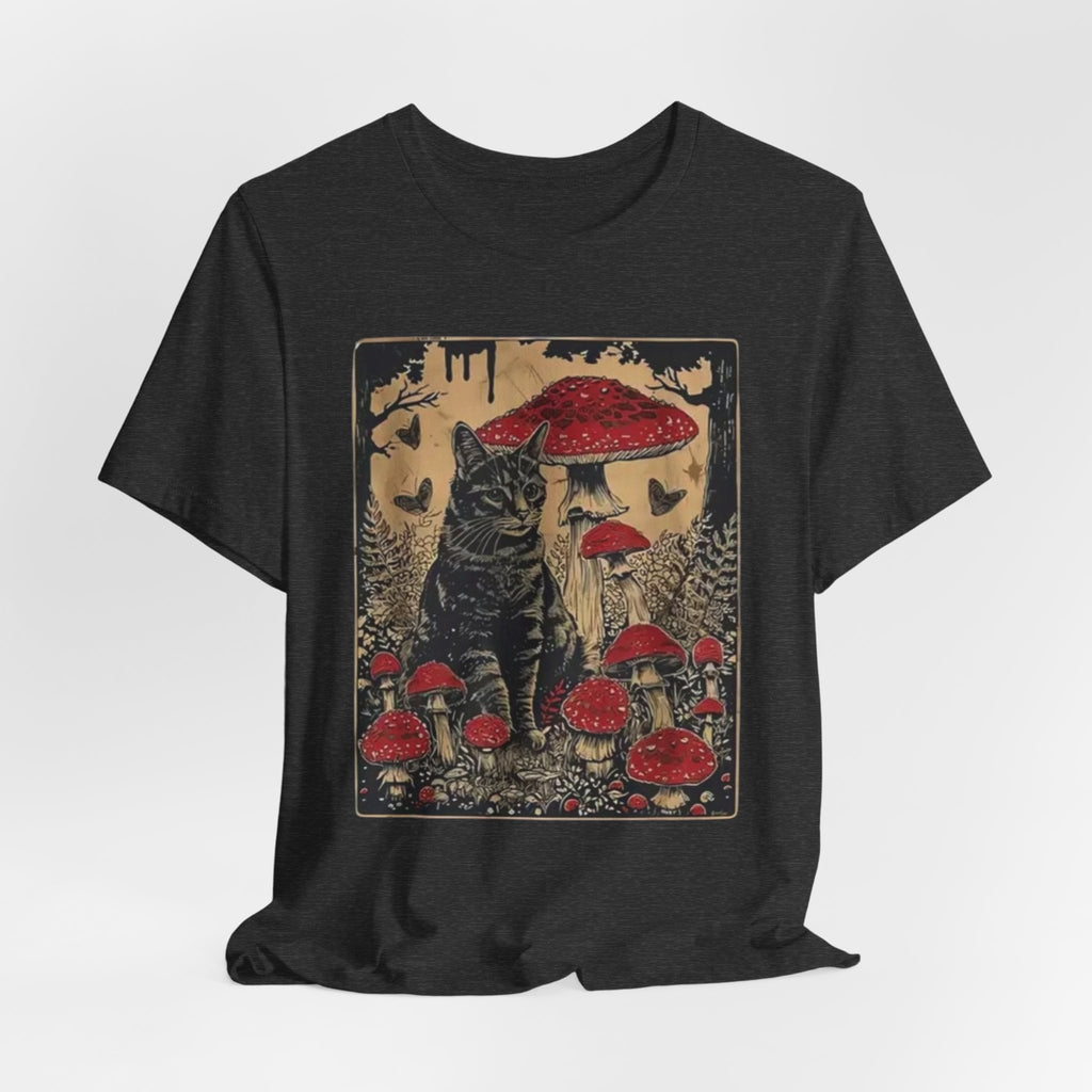 Black Cat with Red Mushrooms T-Shirt | Moody Forest Cat Illustration