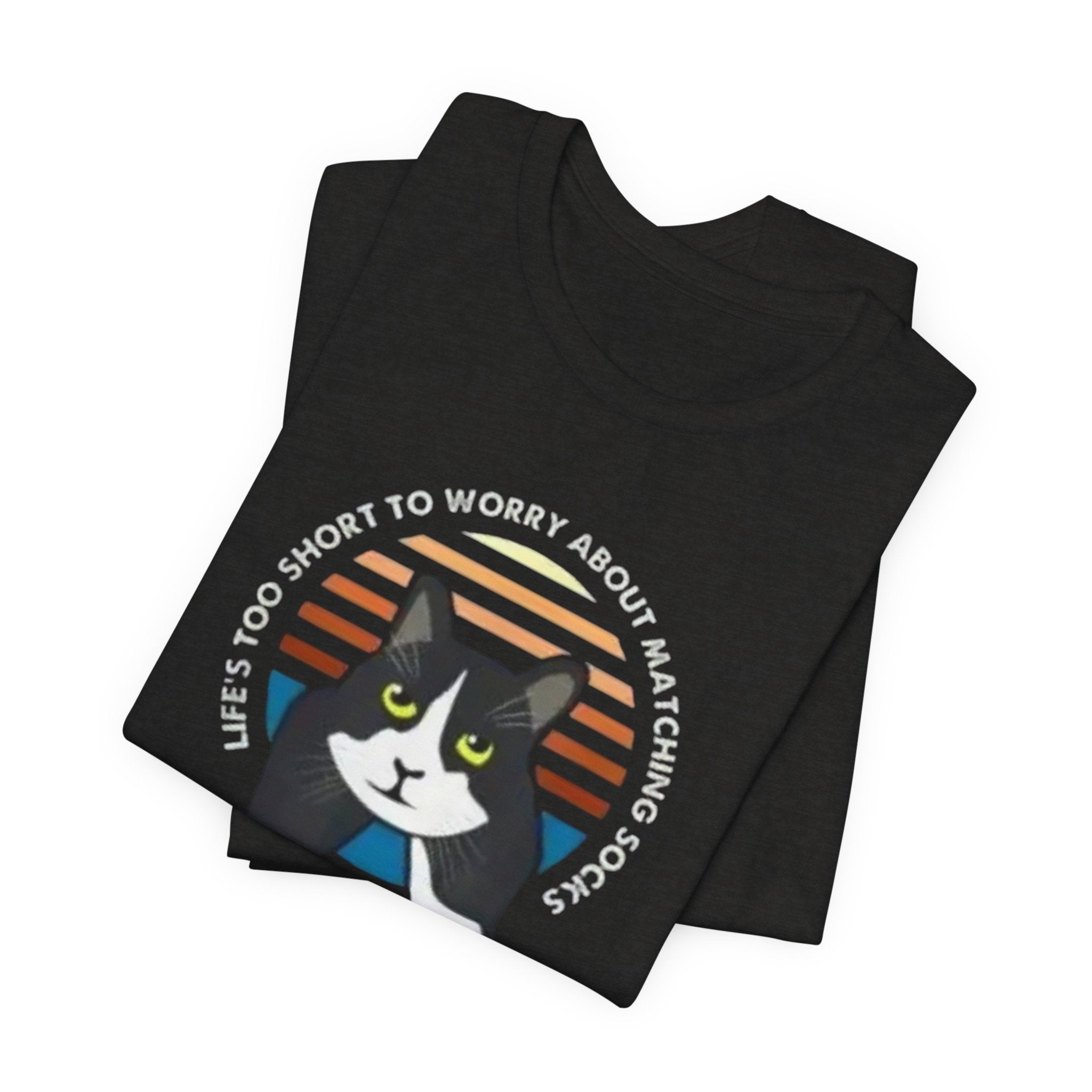 Tuxedo Cat Illustration Tee | Retro Sunset, 'Life's Too Short to Worry About Matching Socks'