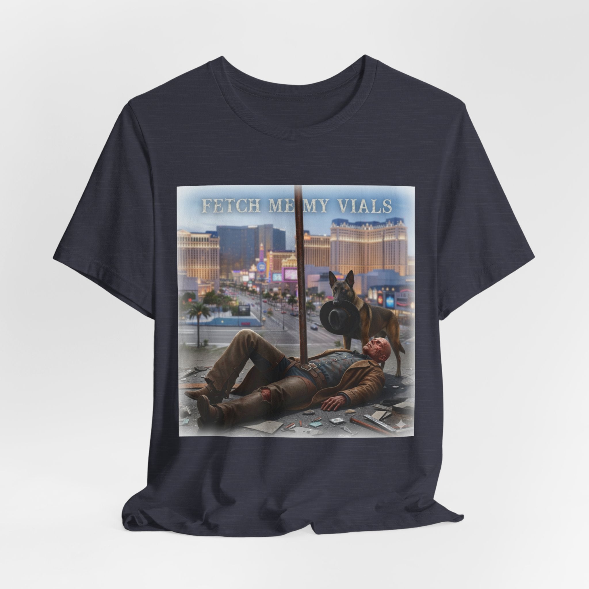 Fetch me my vials, Fallout Tee, Street Scene Graphic Tee — "Fetch Me My Vials" Retro Vegas Art Shirt