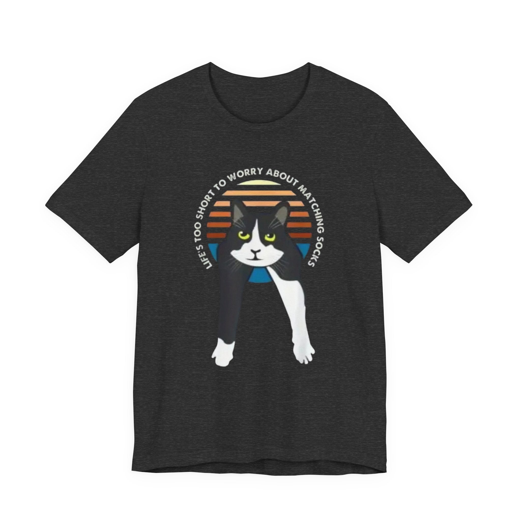 Tuxedo Cat Illustration Tee | Retro Sunset, 'Life's Too Short to Worry About Matching Socks'