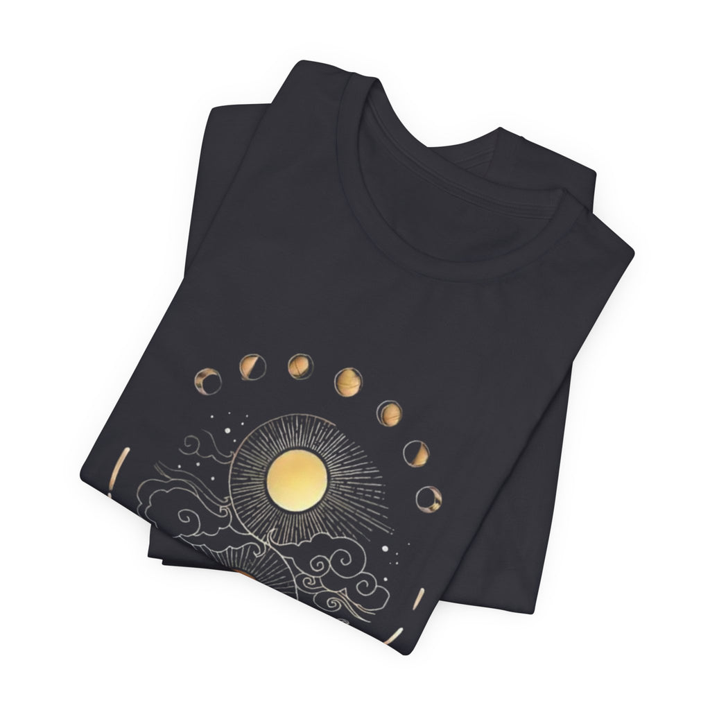 Celestial Phases Unisex Tee, Astrology Shirt, Lunar Cycle T-Shirt, Gift for Astronomers, Black Graphic Tee, Horoscope Apparel