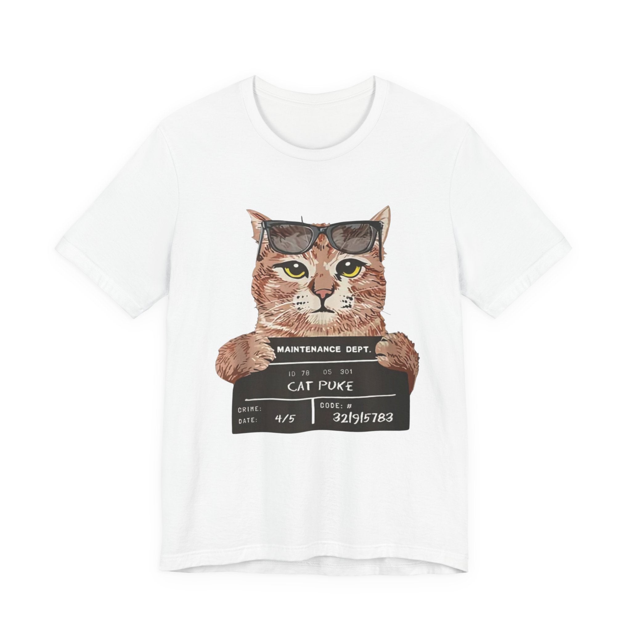 Cat Mugshot Tee — "Cat Puke" Funny Cat Arrest Graphic T-Shirt