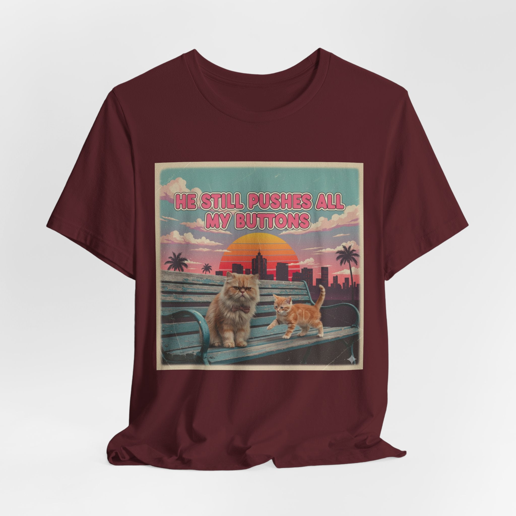 He Still Pushes All My Buttons Cat Illustration Tee | Retro Sunset Palm Beach