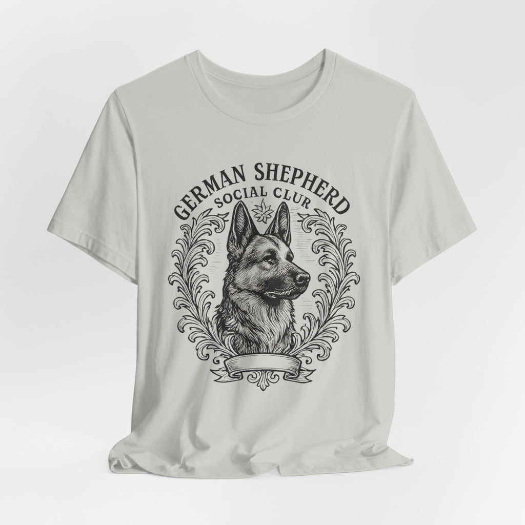 German Shepherd Social Club Tee - Unisex Short Sleeve Shirt for Dog Lovers, Pet Gift, Casual Wear, Canine Enthusiast Apparel