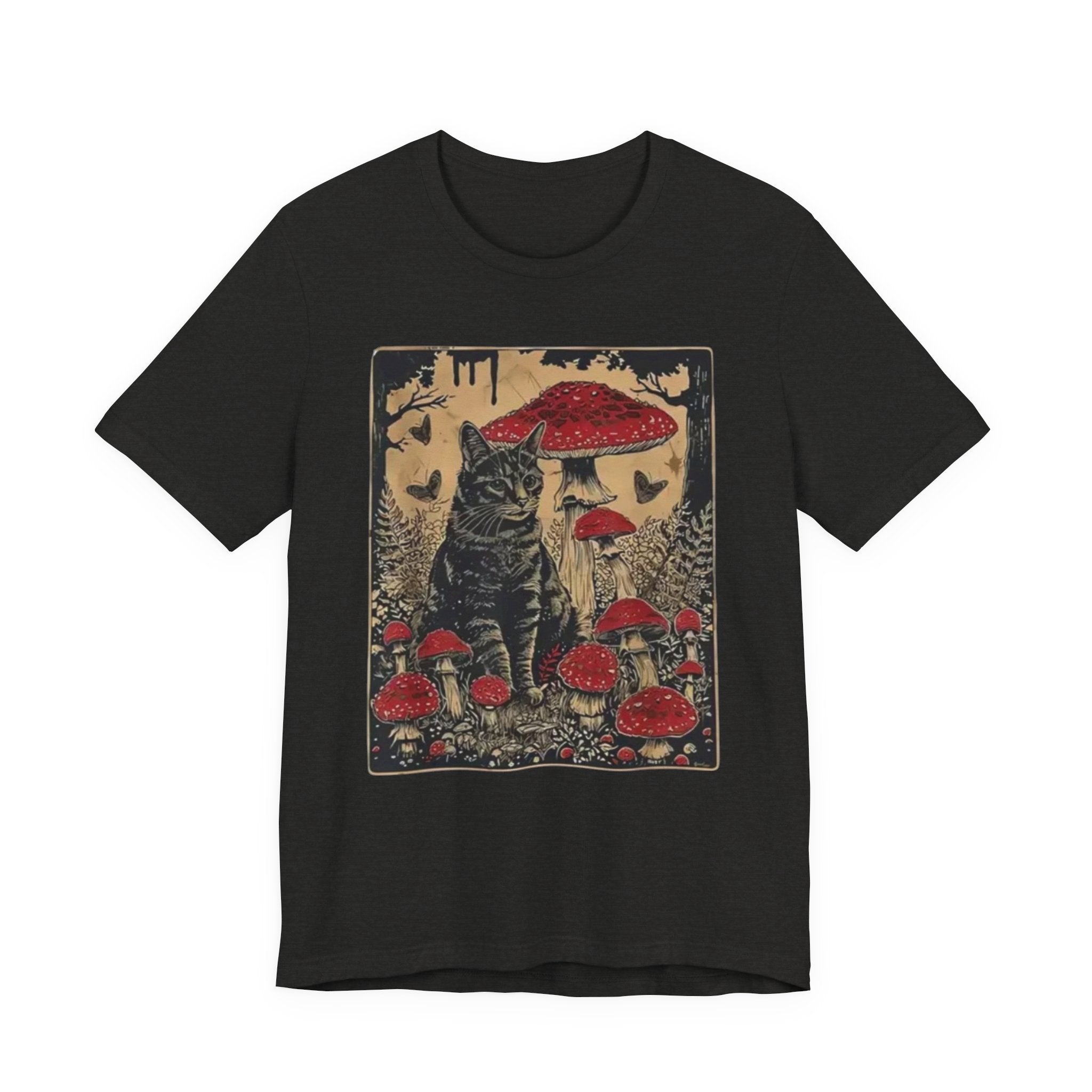 Black Cat with Red Mushrooms T-Shirt | Moody Forest Cat Illustration