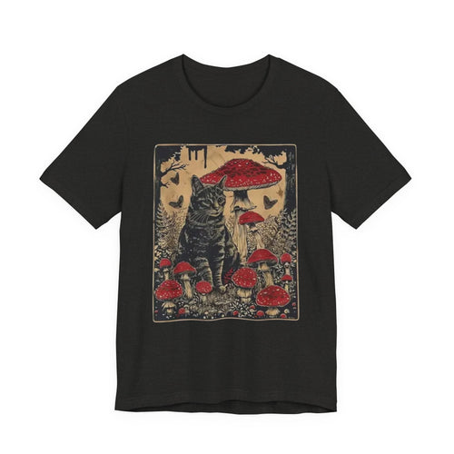 Black Cat with Red Mushrooms T-Shirt | Moody Forest Cat Illustration