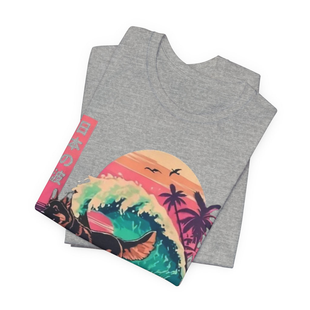 German Shepherd Dog  Surfing T-Shirt — Retro Japanese Wave Graphic Tee