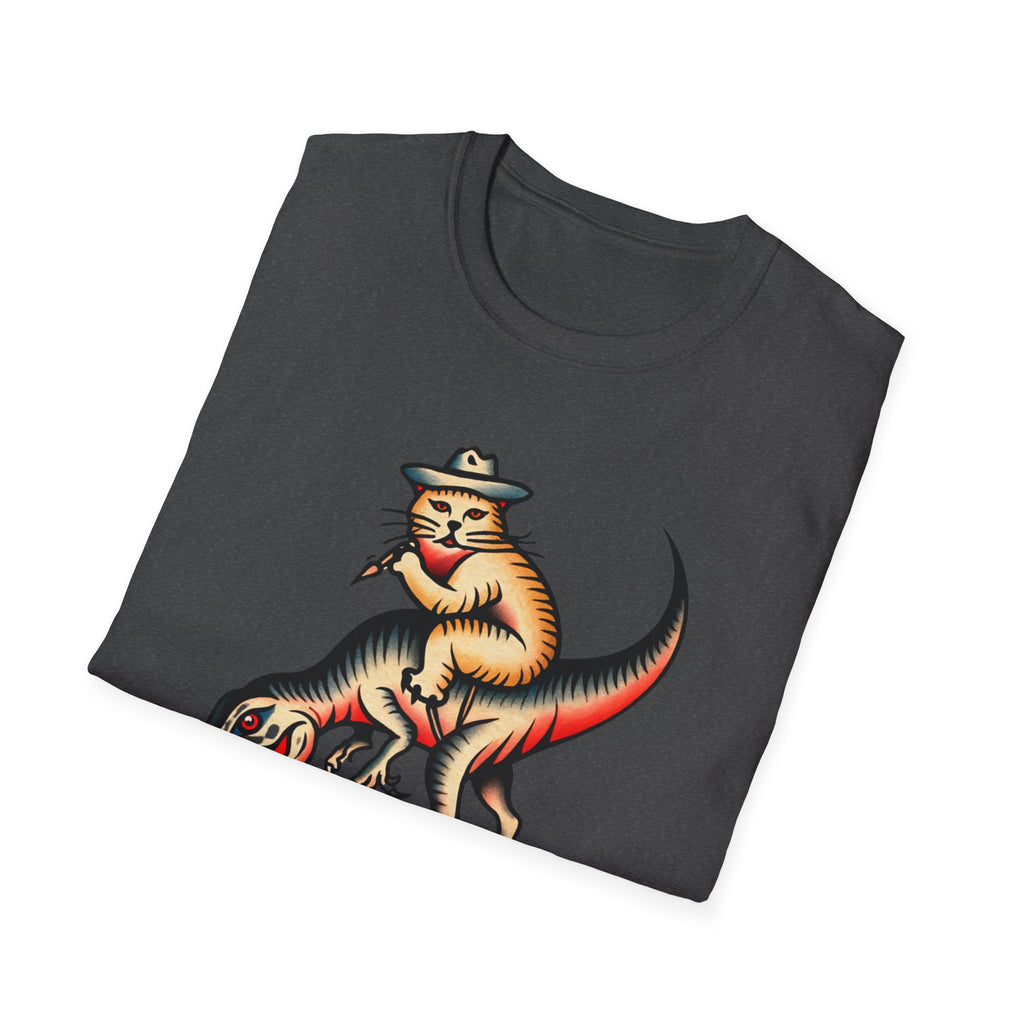 Funny Cat Cowboy T-Shirt — Retro Riding Tyrannosaurus Graphic Tee