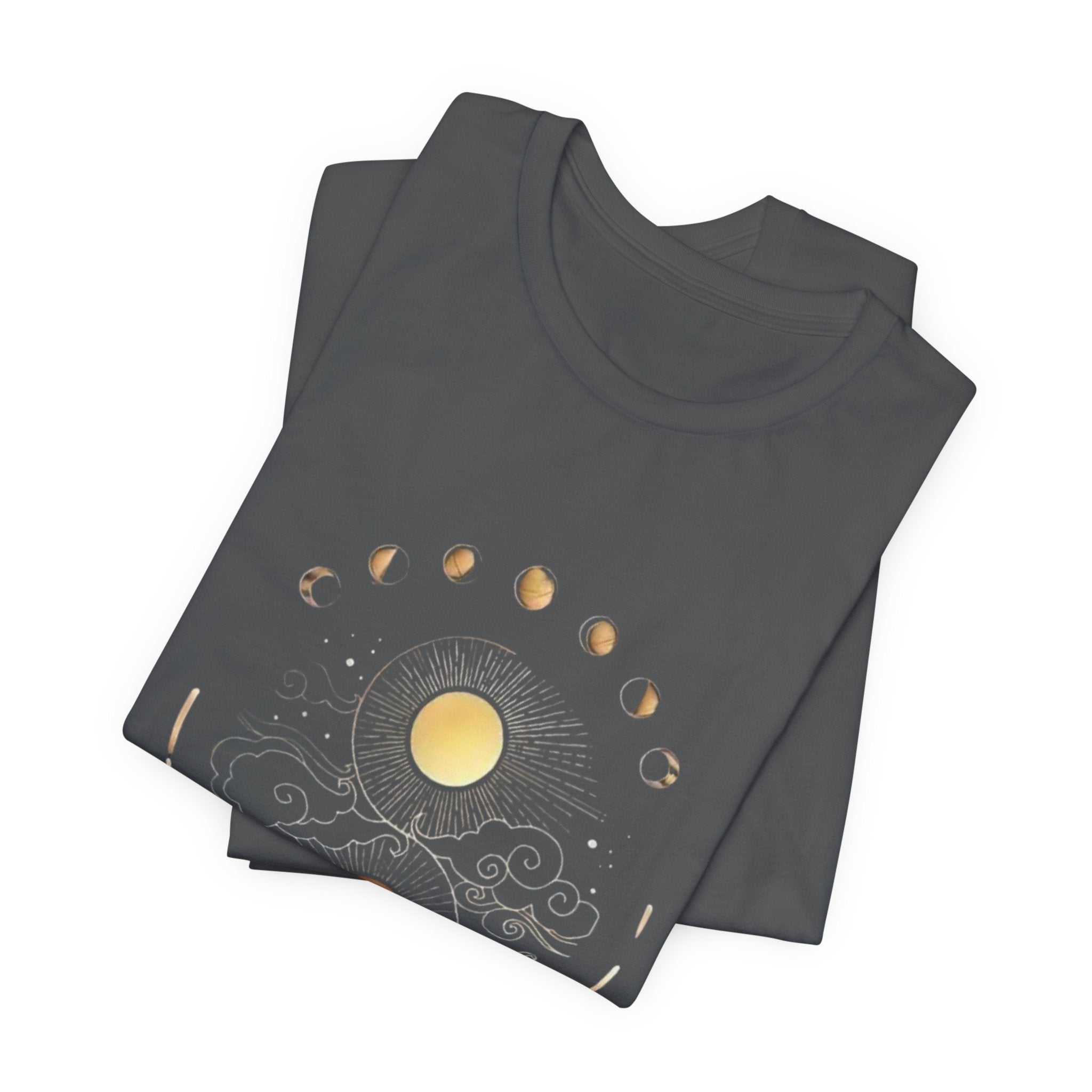 Celestial Phases Unisex Tee, Astrology Shirt, Lunar Cycle T-Shirt, Gift for Astronomers, Black Graphic Tee, Horoscope Apparel