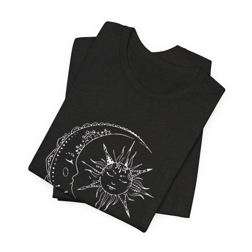 Sun and Crescent Moon Tattoo Style Tee | Celestial Illustration T-Shirt