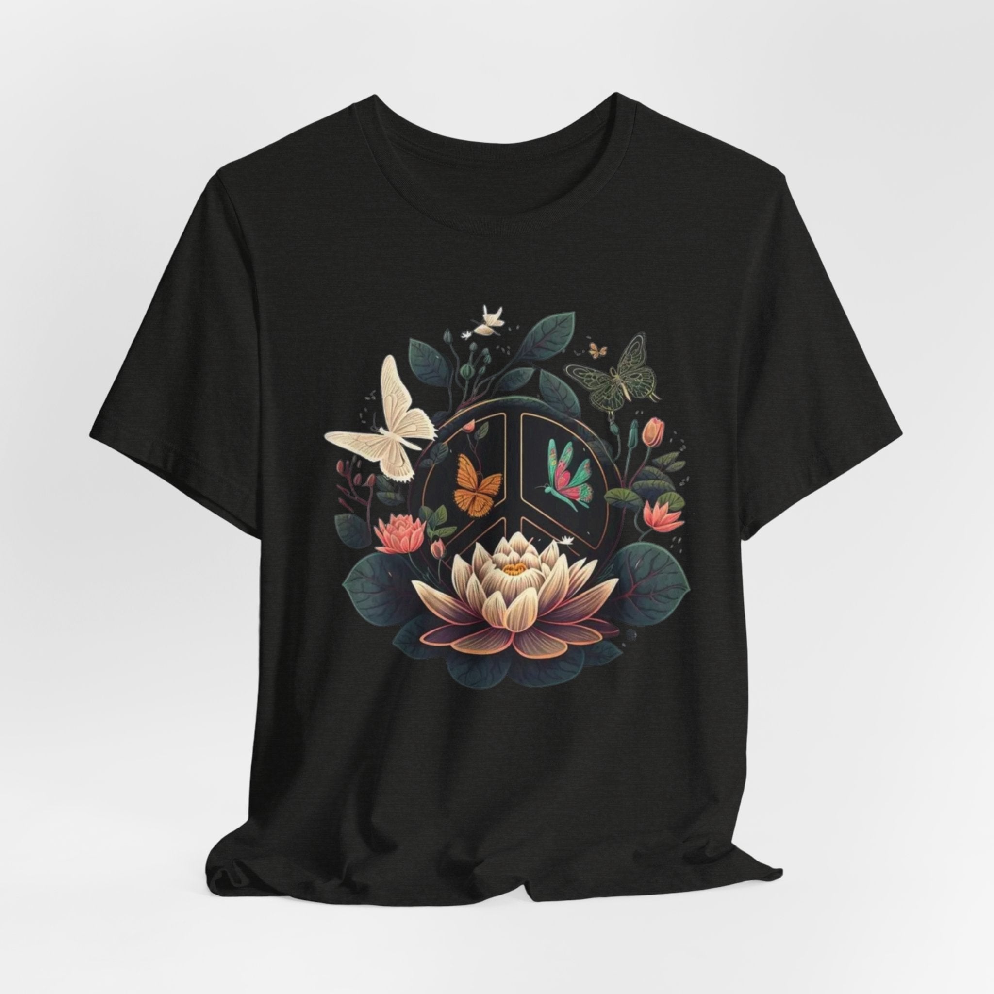Lotus Bloom and Butterflies Tee | Floral Peace Symbol T-Shirt