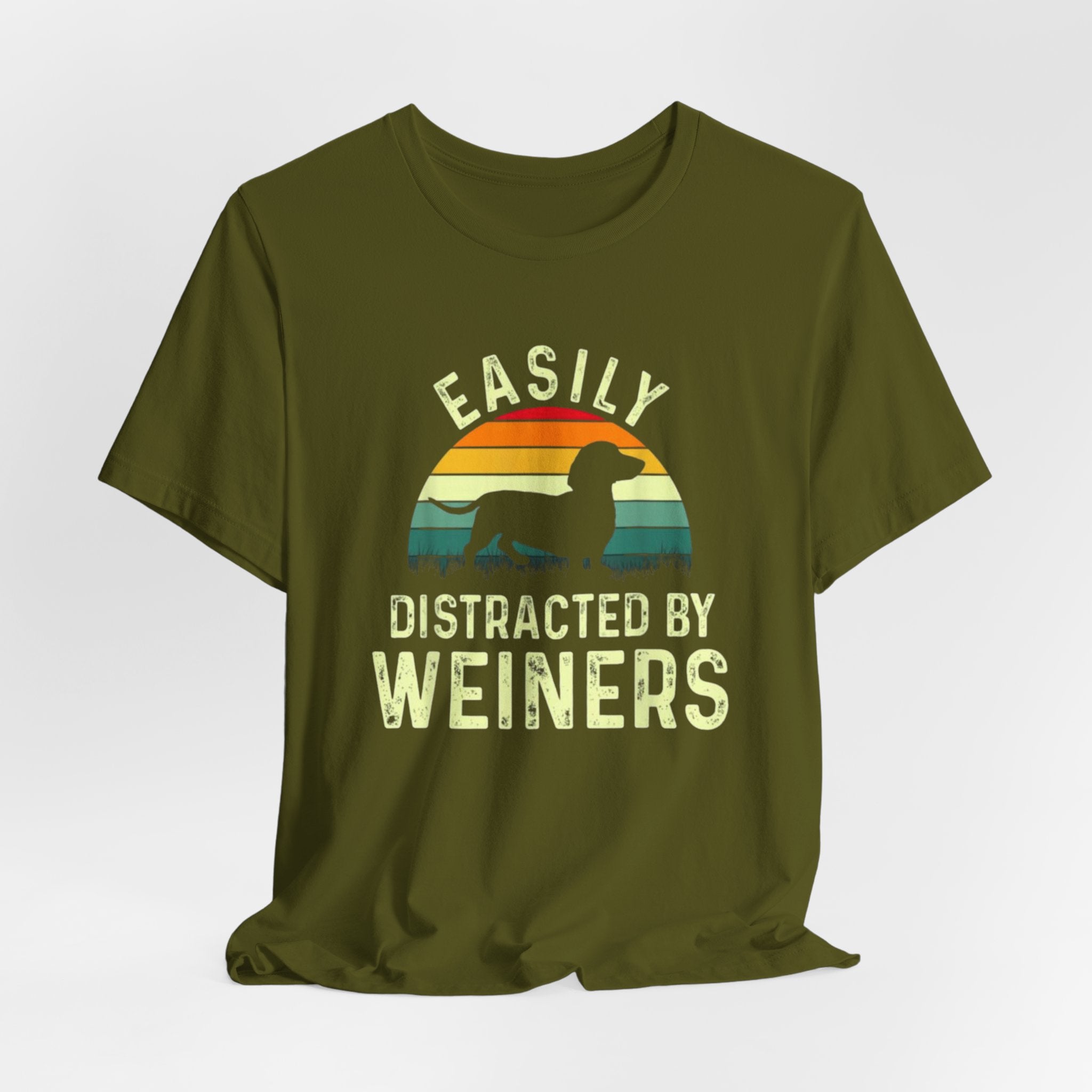 Easily Distracted By Weiners T-Shirt | Dachshund Retro Sunset Tee