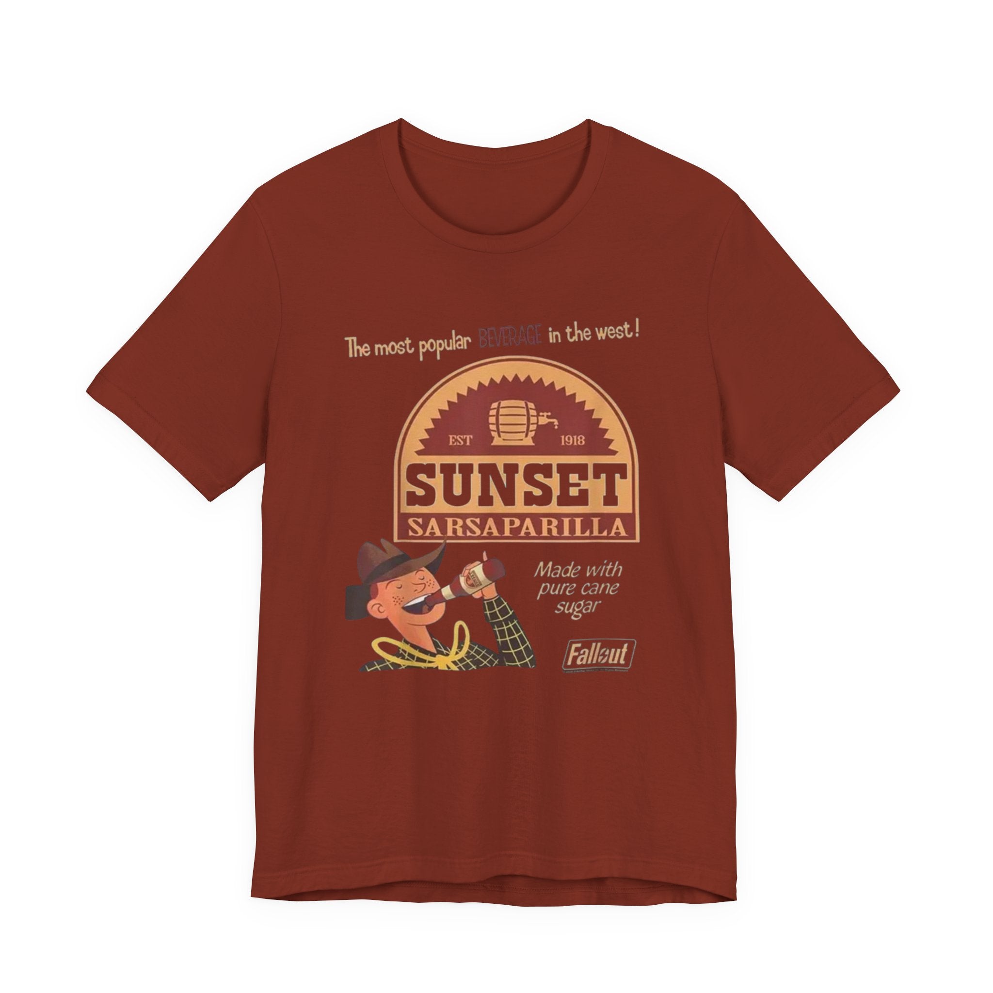 Sunset Sarsaparilla Tee — Retro Fallout Soda Logo T-shirt, Fallout Tee