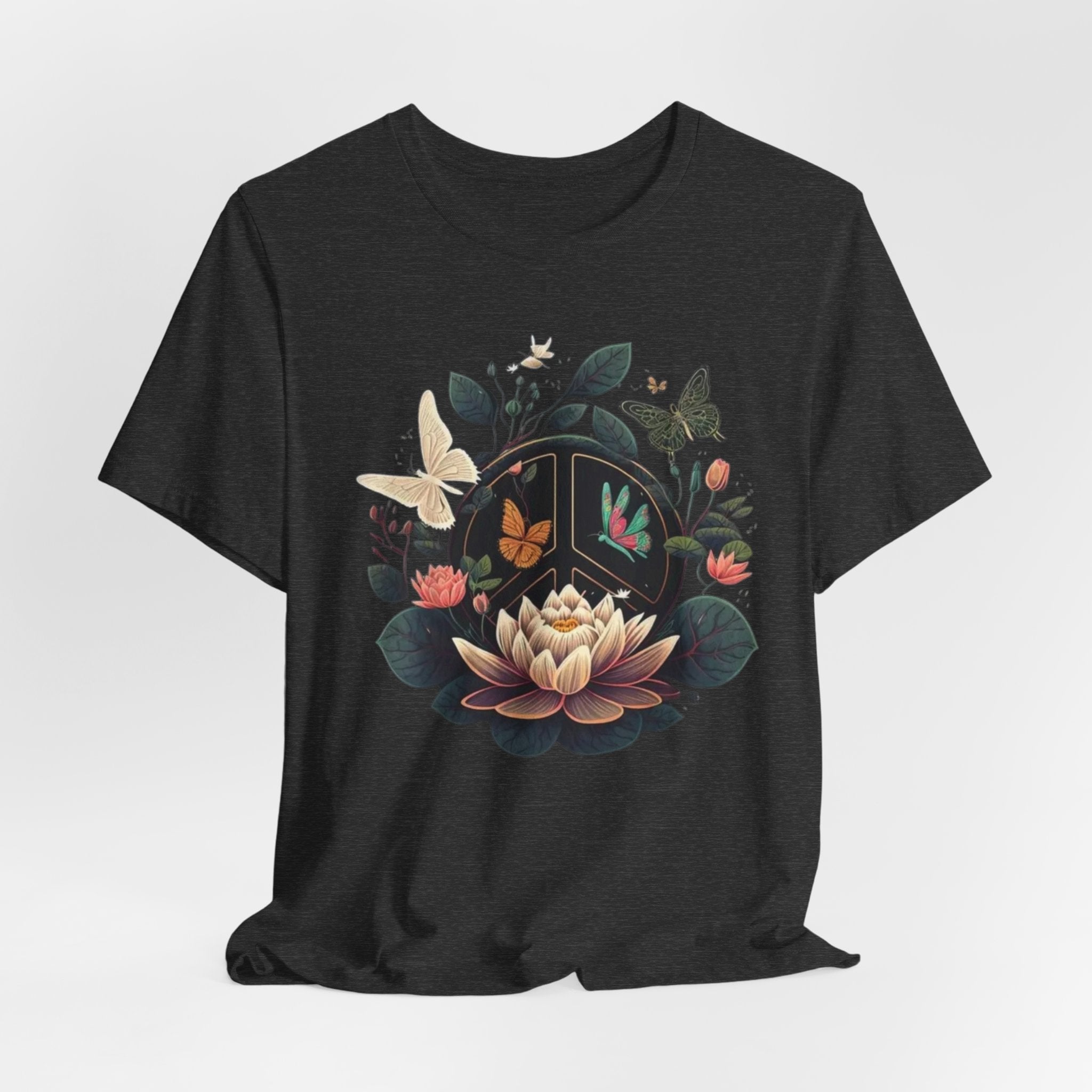 Lotus Bloom and Butterflies Tee | Floral Peace Symbol T-Shirt