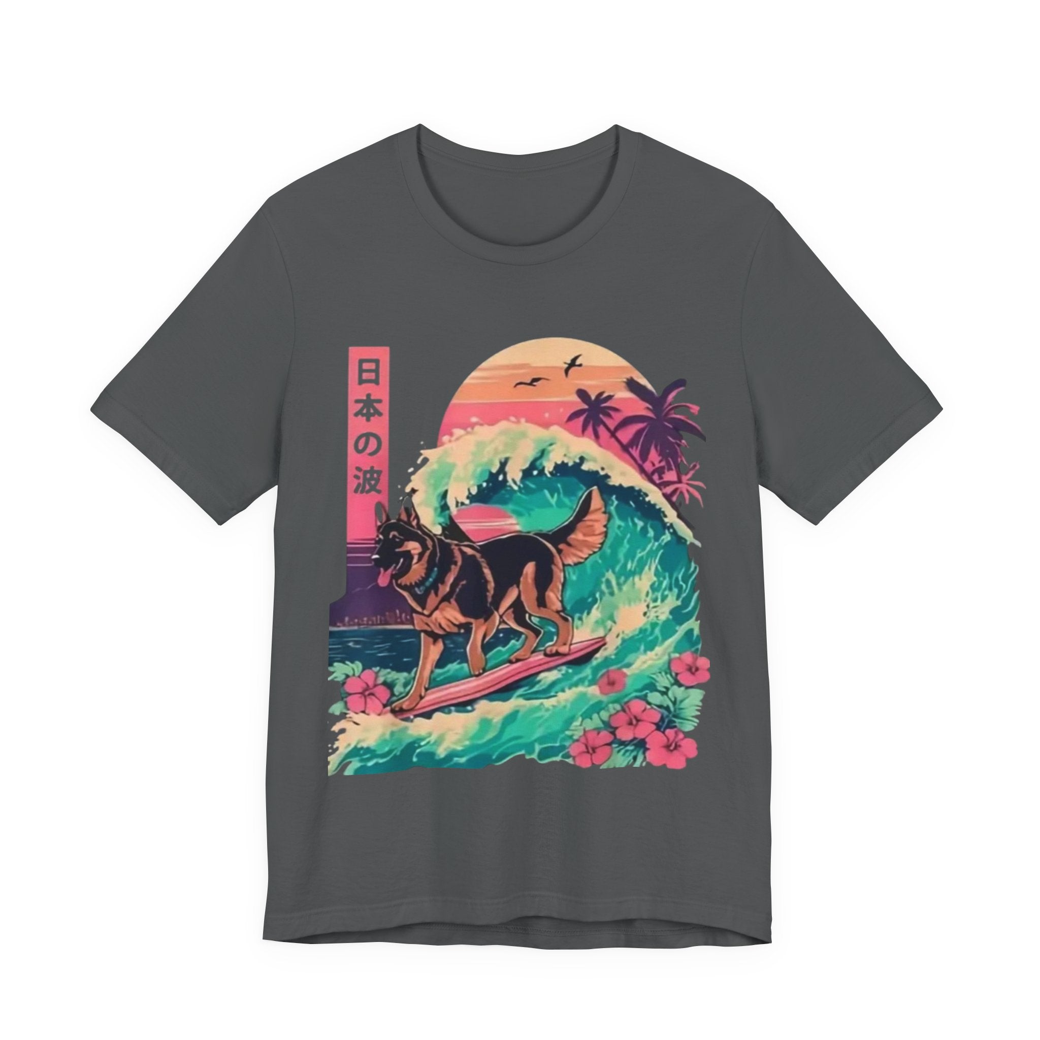 German Shepherd Dog  Surfing T-Shirt — Retro Japanese Wave Graphic Tee