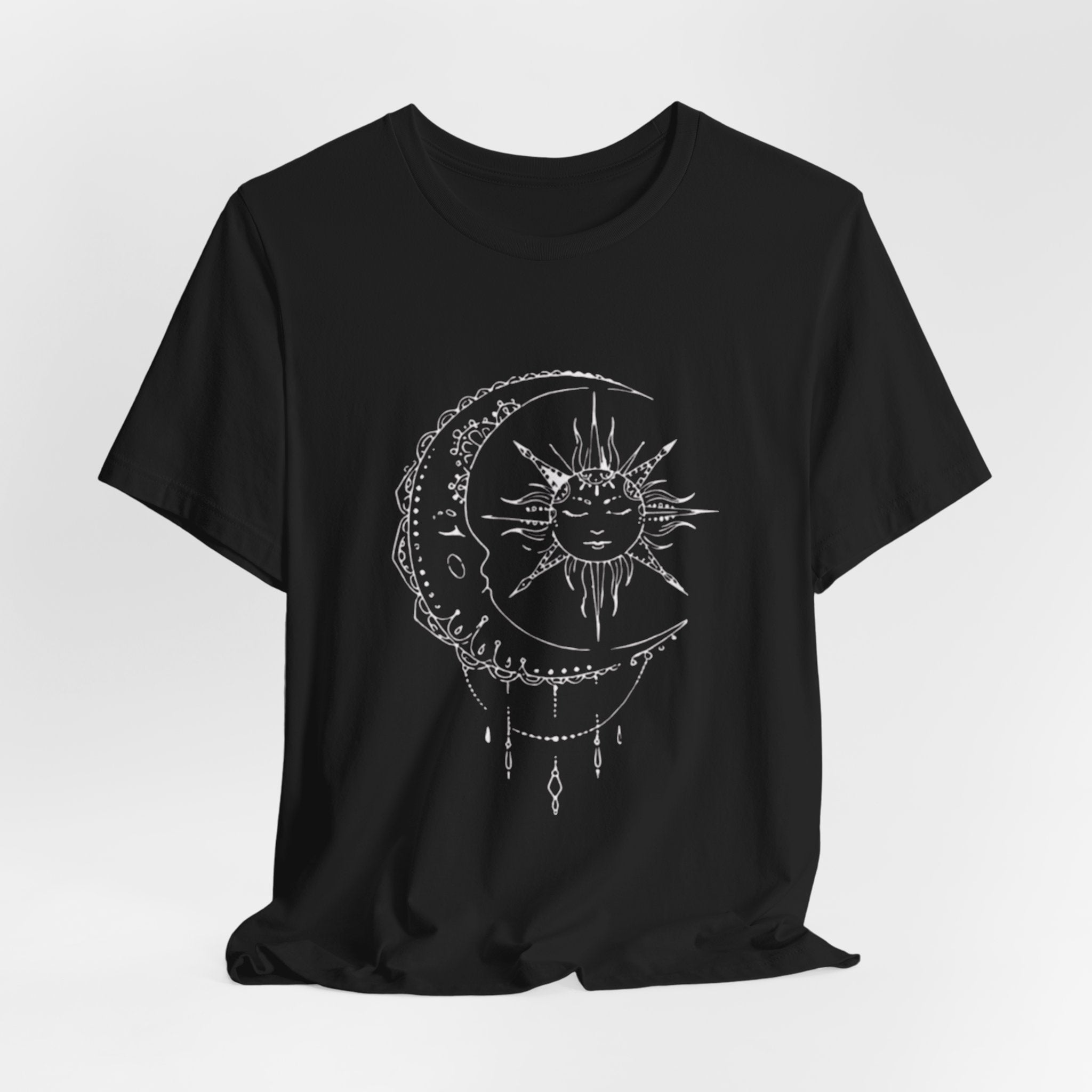 Sun and Crescent Moon Tattoo Style Tee | Celestial Illustration T-Shirt