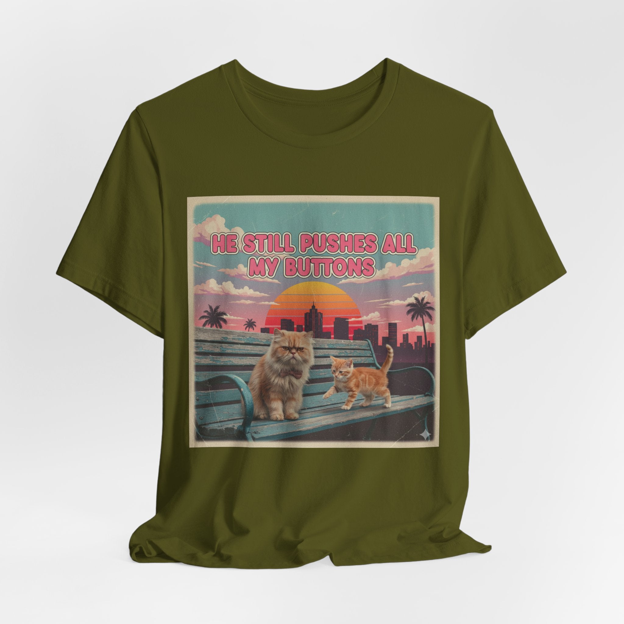 He Still Pushes All My Buttons Cat Illustration Tee | Retro Sunset Palm Beach