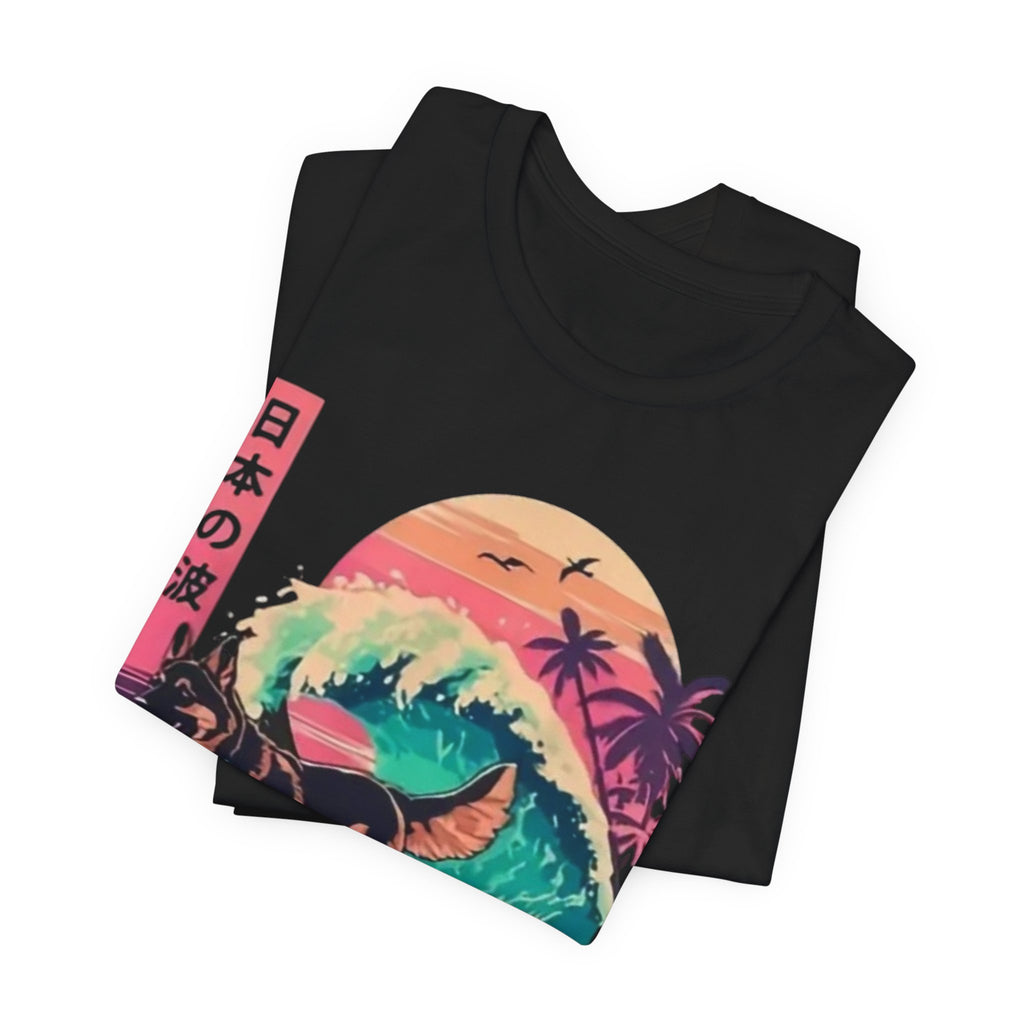 German Shepherd Dog  Surfing T-Shirt — Retro Japanese Wave Graphic Tee