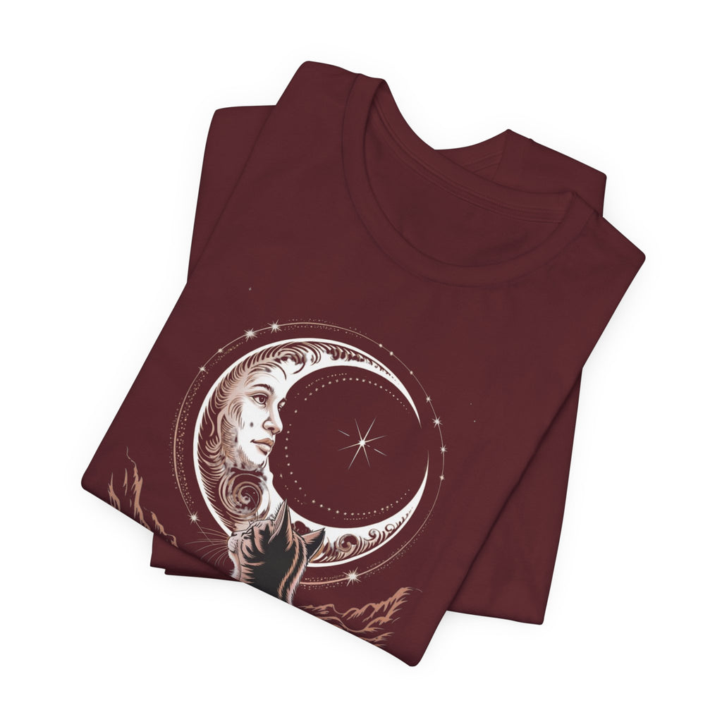 Celestial Cat Graphic Tee - Boho T-Shirt, Unisex Cat Lover Shirt, Moon Phase Top, Gift for Pet Owners, Astrology Apparel