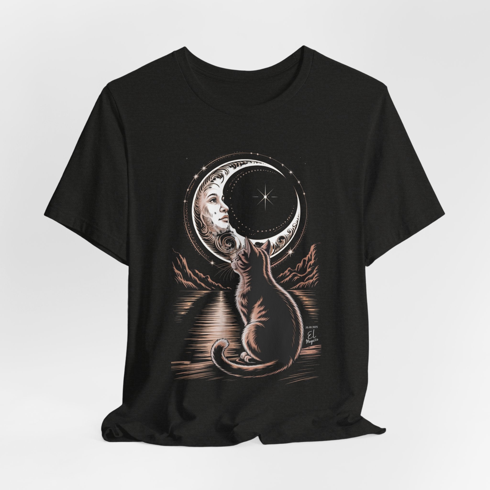 Celestial Cat Graphic Tee - Boho T-Shirt, Unisex Cat Lover Shirt, Moon Phase Top, Gift for Pet Owners, Astrology Apparel