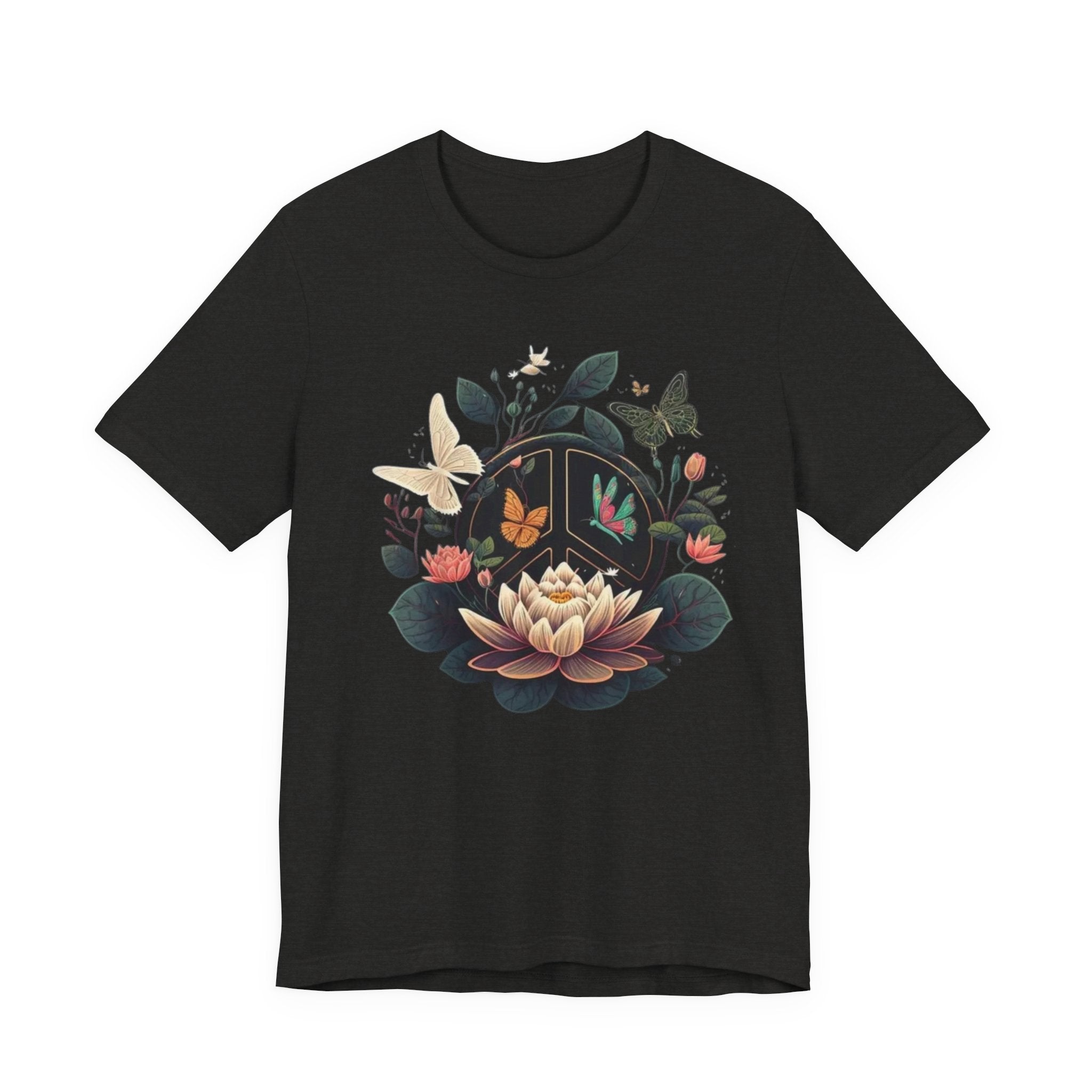 Lotus Bloom and Butterflies Tee | Floral Peace Symbol T-Shirt